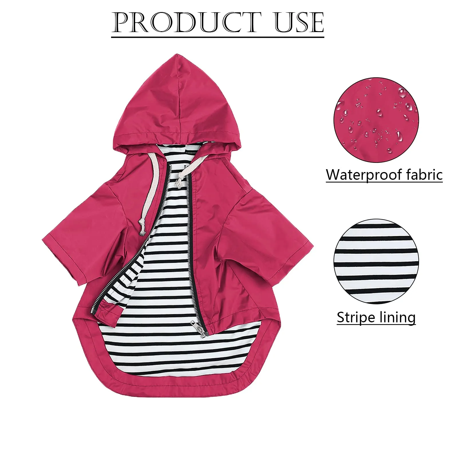 Pethiy - Stile elegante Impermeabile per Cani con cerniera e cappuccio,tasche,leggero poncho con Coulisse e con zampe-Rosa-S - immagine 3