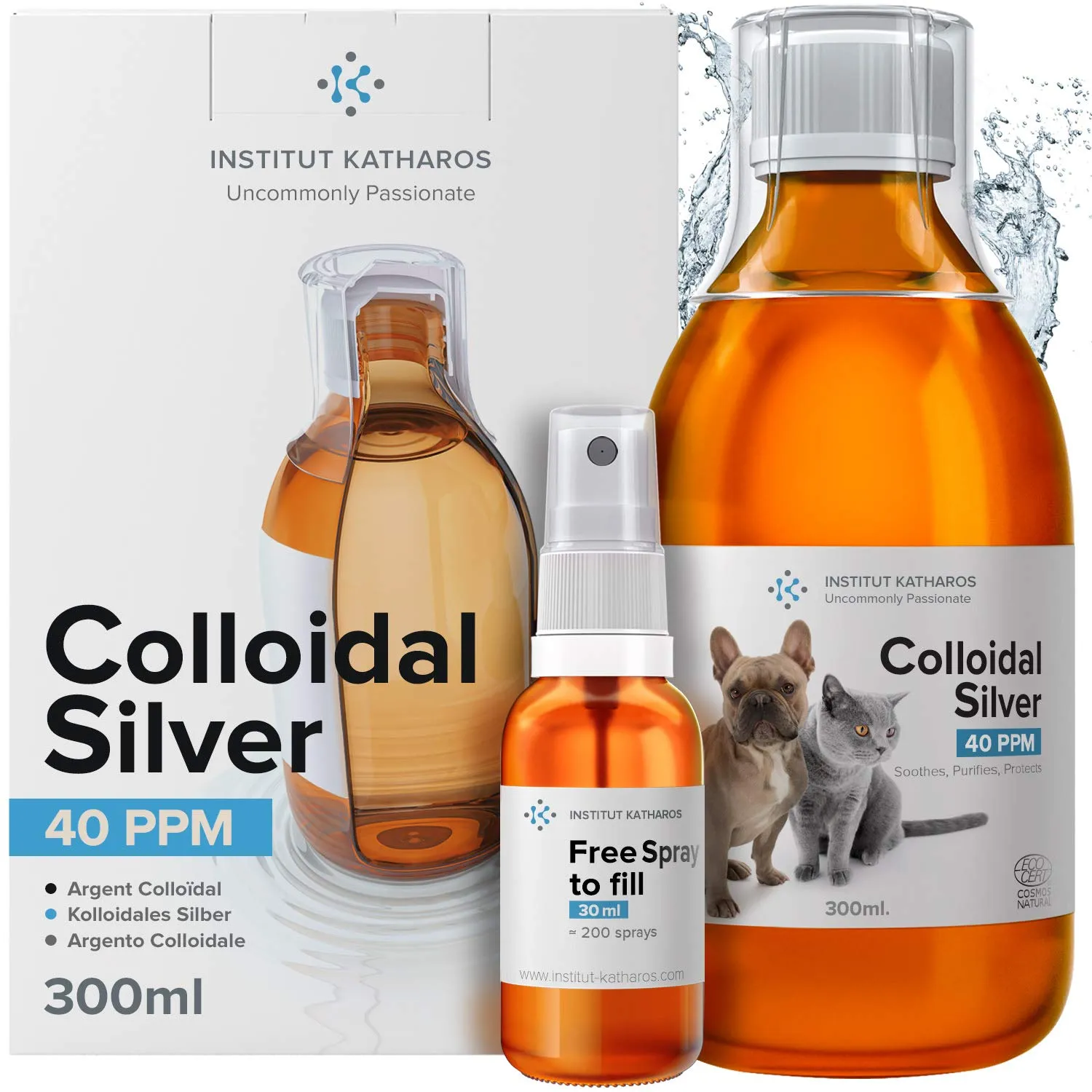 Argento Colloidale 100% Naturale per Animali (Cani, Gatti) Tutto in 1: Cicatrizzante | Disinfettante | Rimedi Antiprurito (Dermatiti, Acari) | Per Pelle, Occhi, Orecchie |Bottiglia & Spray da riempire - immagine 1
