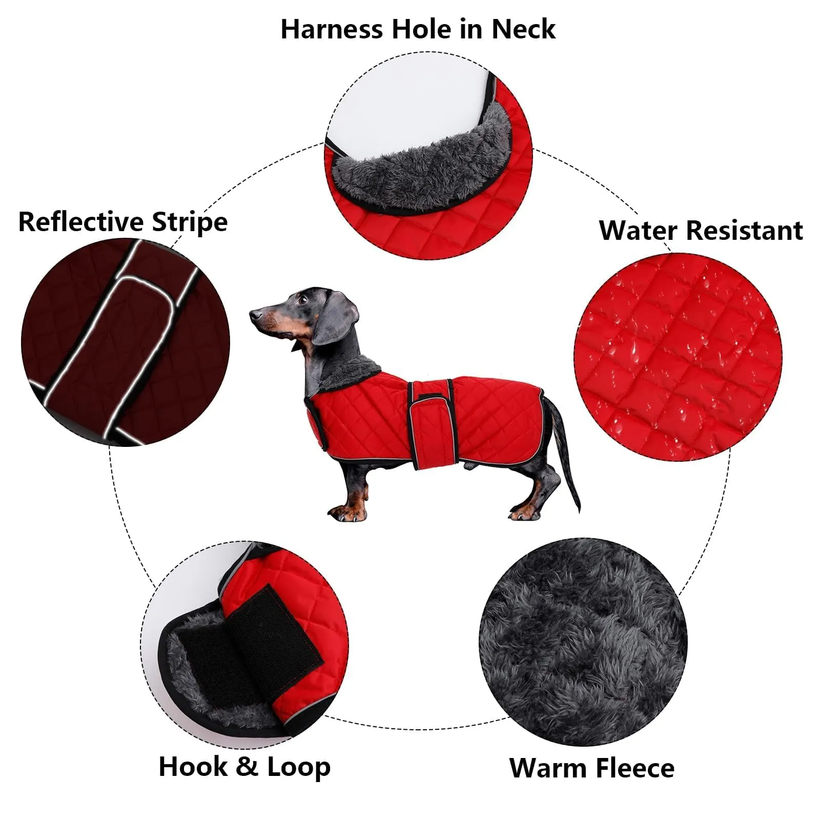 Morezi cappotti bassotto, cappotto bassotto, cappotto per bassotto, cappotto invernale per cani con fodera imbottita in pile, abbigliamento per cani all'aperto con fasce regolabili - Rosso - XS - immagine 2