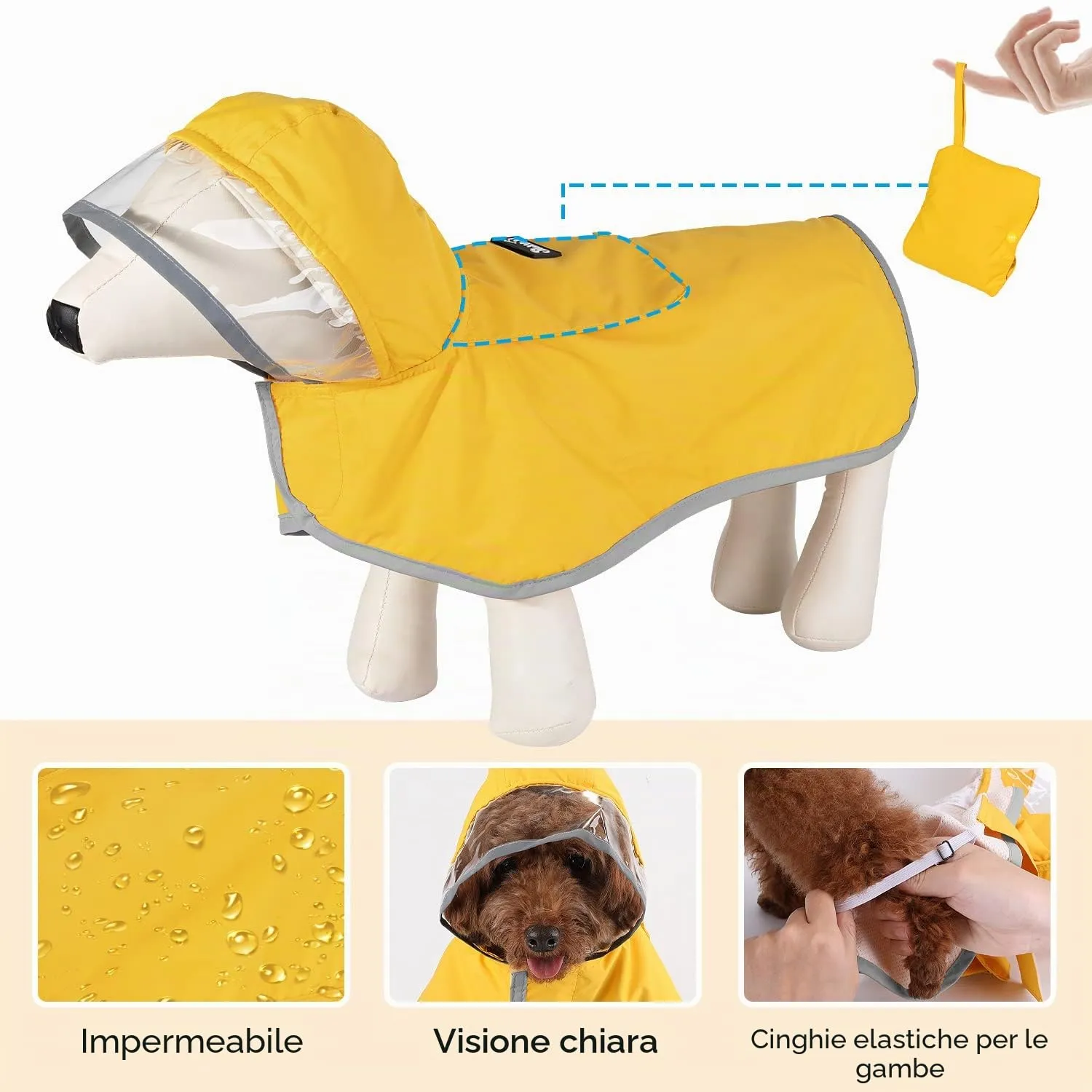 SlowTon Impermeabile per cani, giacca antipioggia a doppio strato con cappuccio per cani cuccioli di piccola media e grande taglia, poncho per cani con striscia riflettente - immagine 5