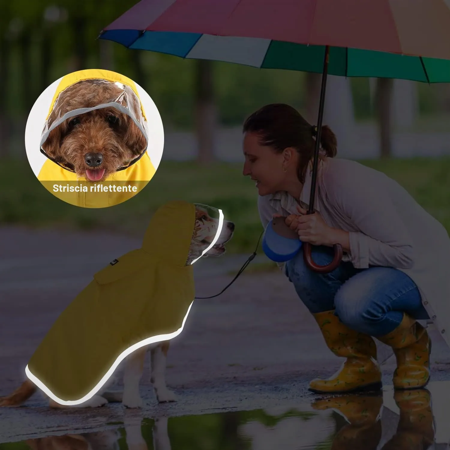 SlowTon Impermeabile per cani, giacca antipioggia a doppio strato con cappuccio per cani cuccioli di piccola media e grande taglia, poncho per cani con striscia riflettente - immagine 7