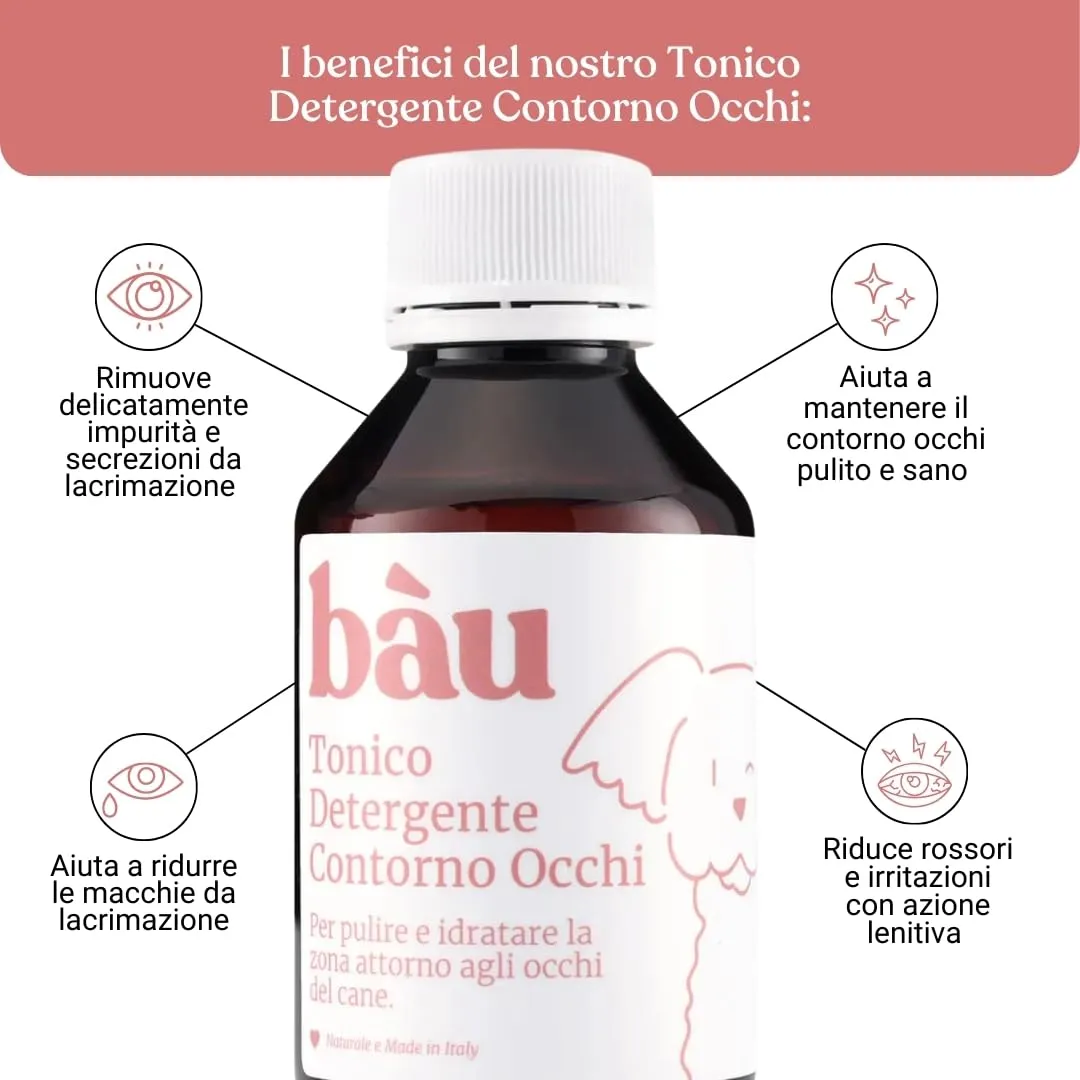 Bau Pulizia Occhi Cane Lacrimazione, Tonico Detergente Occhi Cane, Rimuove Macchie da Lacrimazione, Idratante e Antinfiammatorio Naturale con Aloe, Camomilla, Rosa, Calendula - immagine 2