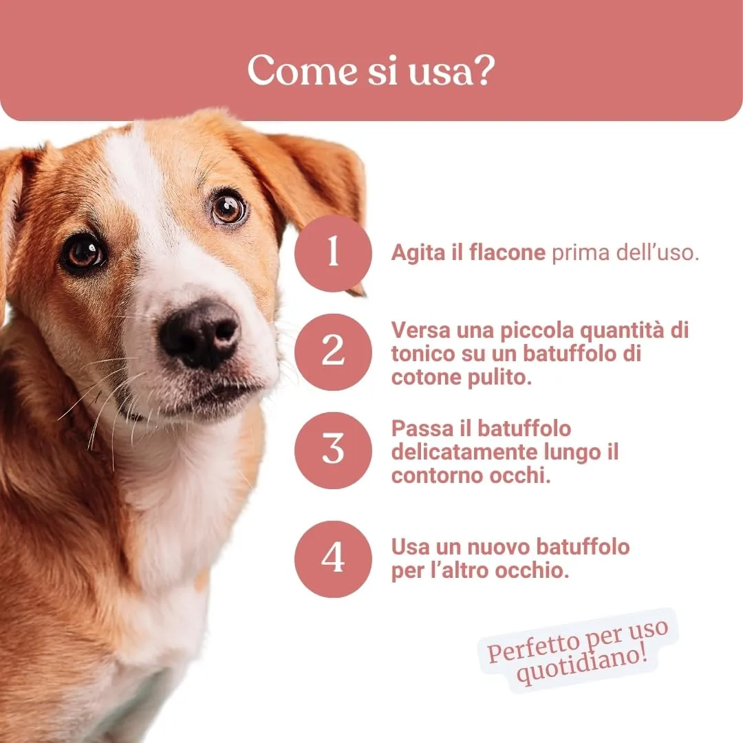 Bau Pulizia Occhi Cane Lacrimazione, Tonico Detergente Occhi Cane, Rimuove Macchie da Lacrimazione, Idratante e Antinfiammatorio Naturale con Aloe, Camomilla, Rosa, Calendula - immagine 7