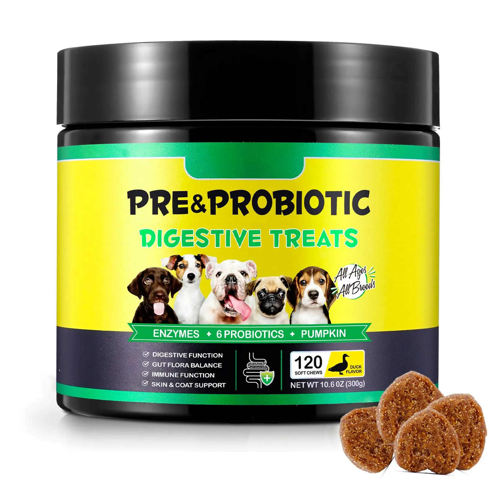 Probiotici per Cani - Probiotici per Cani per la Salute Intestinale e la Digestione, Tutte le età e Razze, 120 Masticativi Probiotici, Gusto Anatra - immagine 1