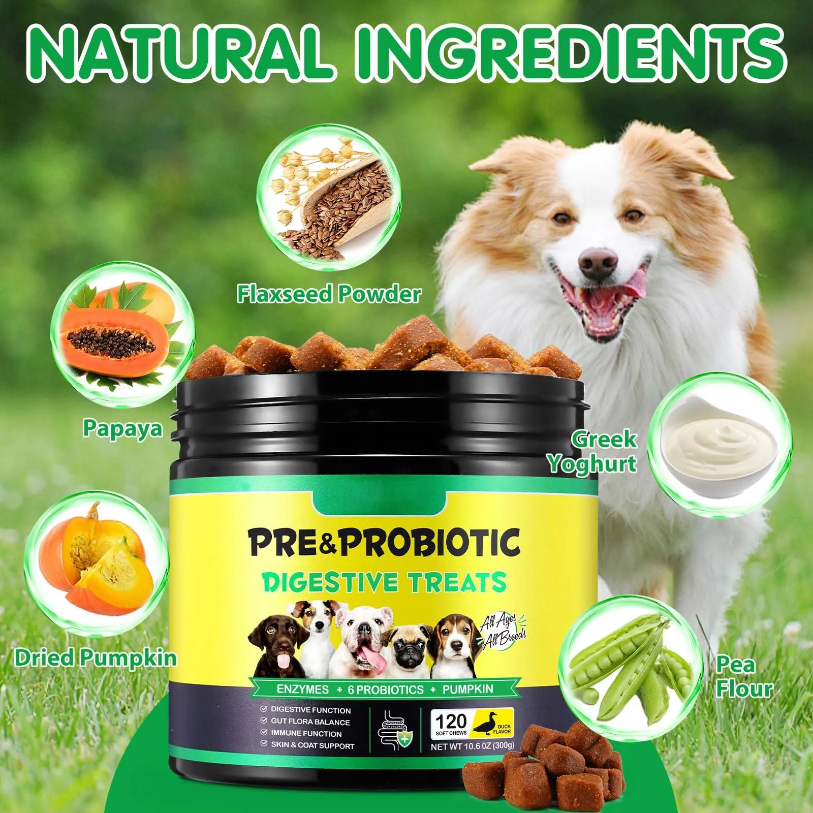 Probiotici per Cani - Probiotici per Cani per la Salute Intestinale e la Digestione, Tutte le età e Razze, 120 Masticativi Probiotici, Gusto Anatra - immagine 3