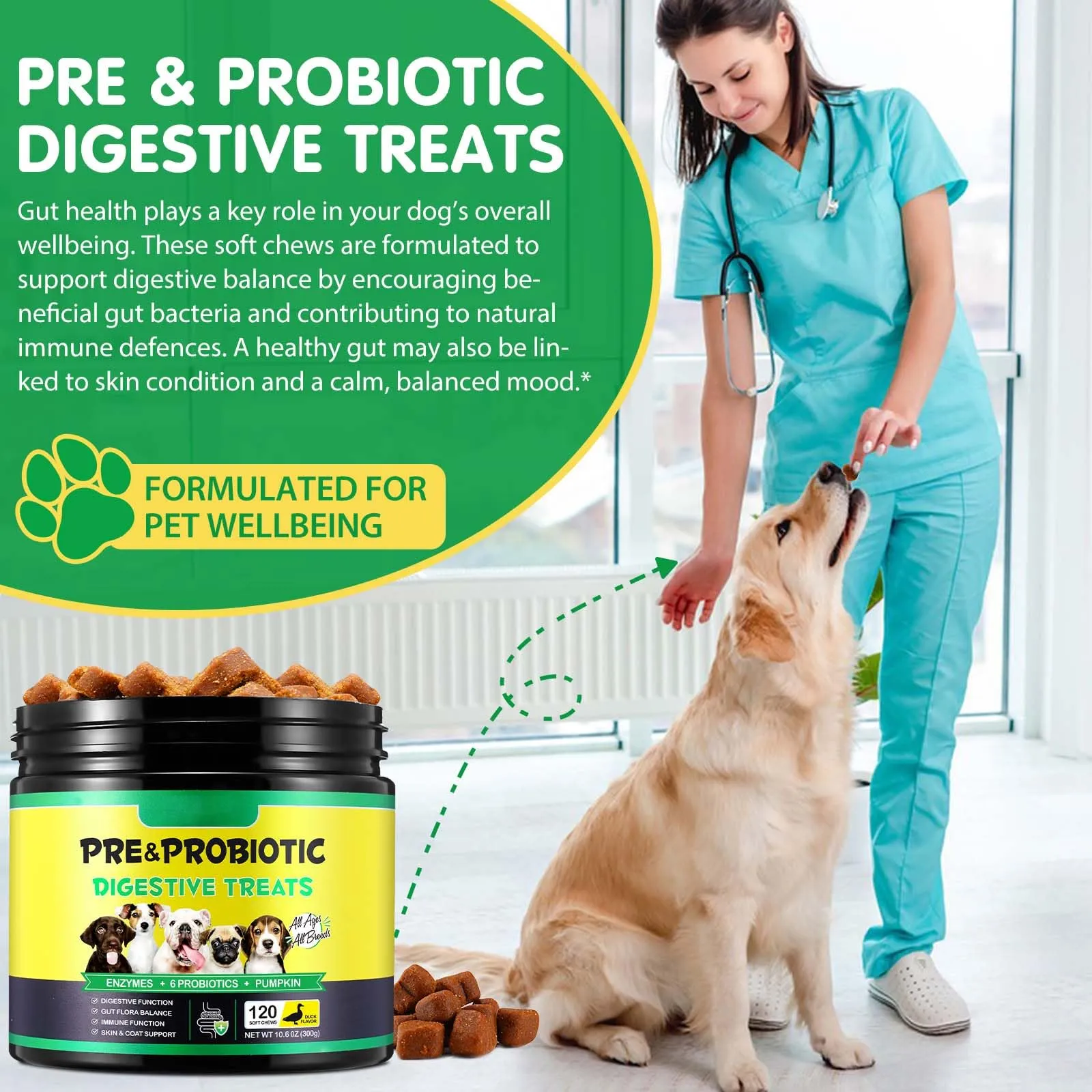 Probiotici per Cani - Probiotici per Cani per la Salute Intestinale e la Digestione, Tutte le età e Razze, 120 Masticativi Probiotici, Gusto Anatra - immagine 7