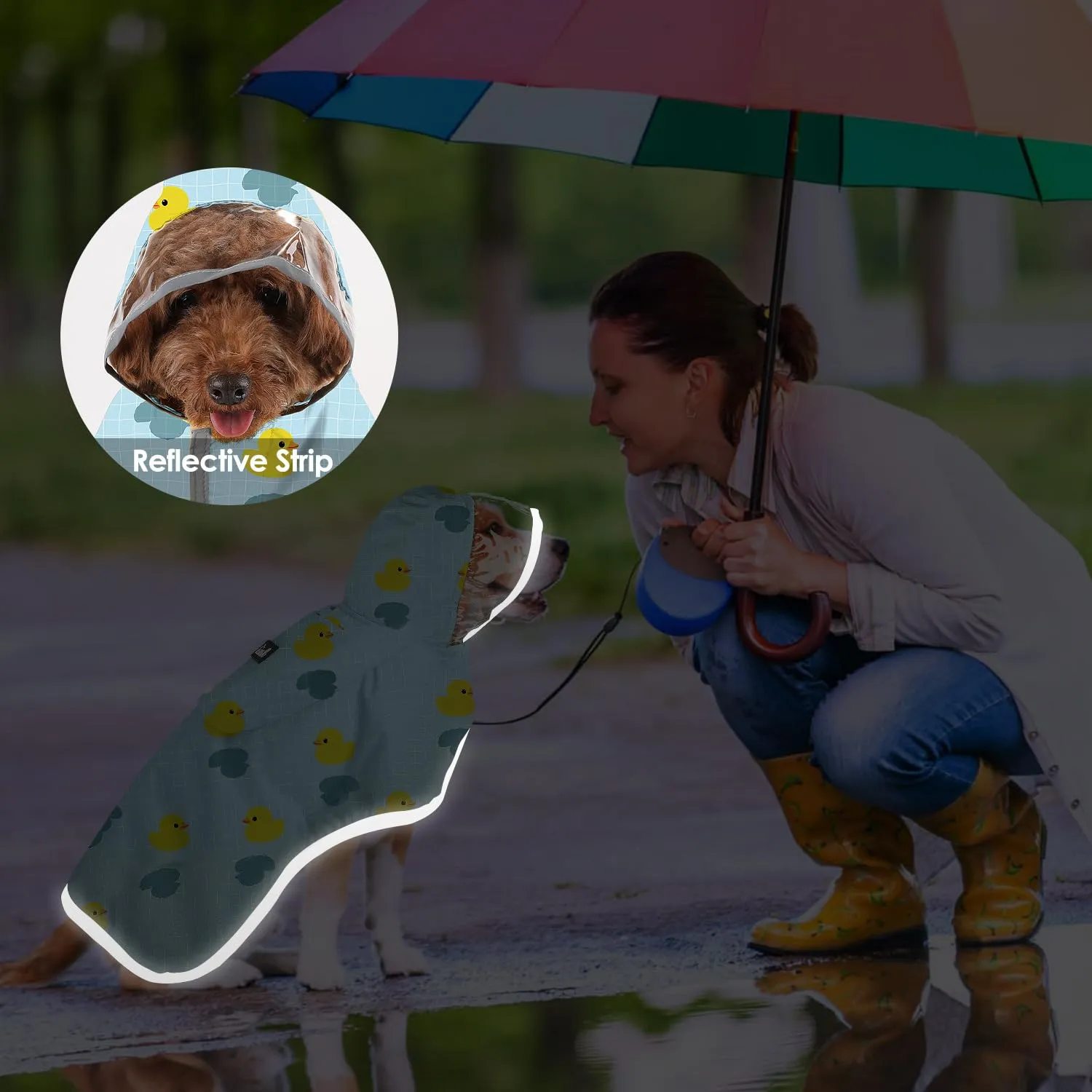 SlowTon Impermeabile per cani, giacca antipioggia a doppio strato con cappuccio per cani cuccioli di piccola media e grande taglia, poncho per cani con striscia riflettente - immagine 7