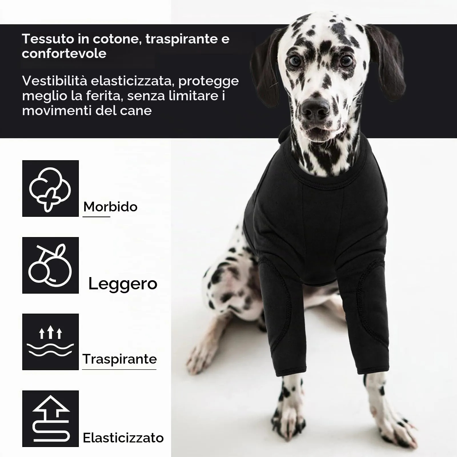 Tutore Zampe Anteriori Cani, Manicotto Recupero Ginocchiere Protezione Bendaggi Gomito Body Post Operatorio (Nero, L) - immagine 3