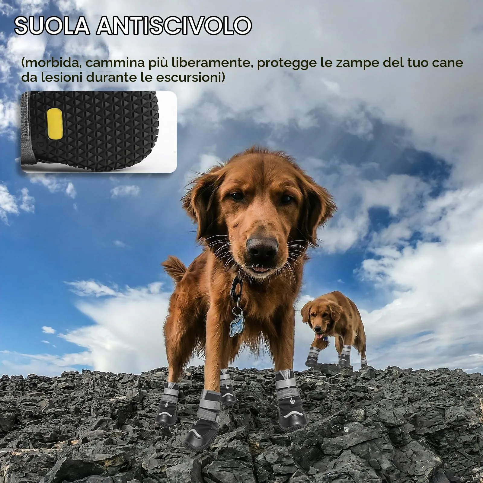Ohcozzy Impermeabili Scarpette Cane, Stivali per Cani Antiscivolo con Cinturini Riflettenti, Resistenti All'usura, Suola in Gomma Protezione Zampe Cane per Piccoli Medi Grandi 4 Pezzi(L,Nero) - immagine 5