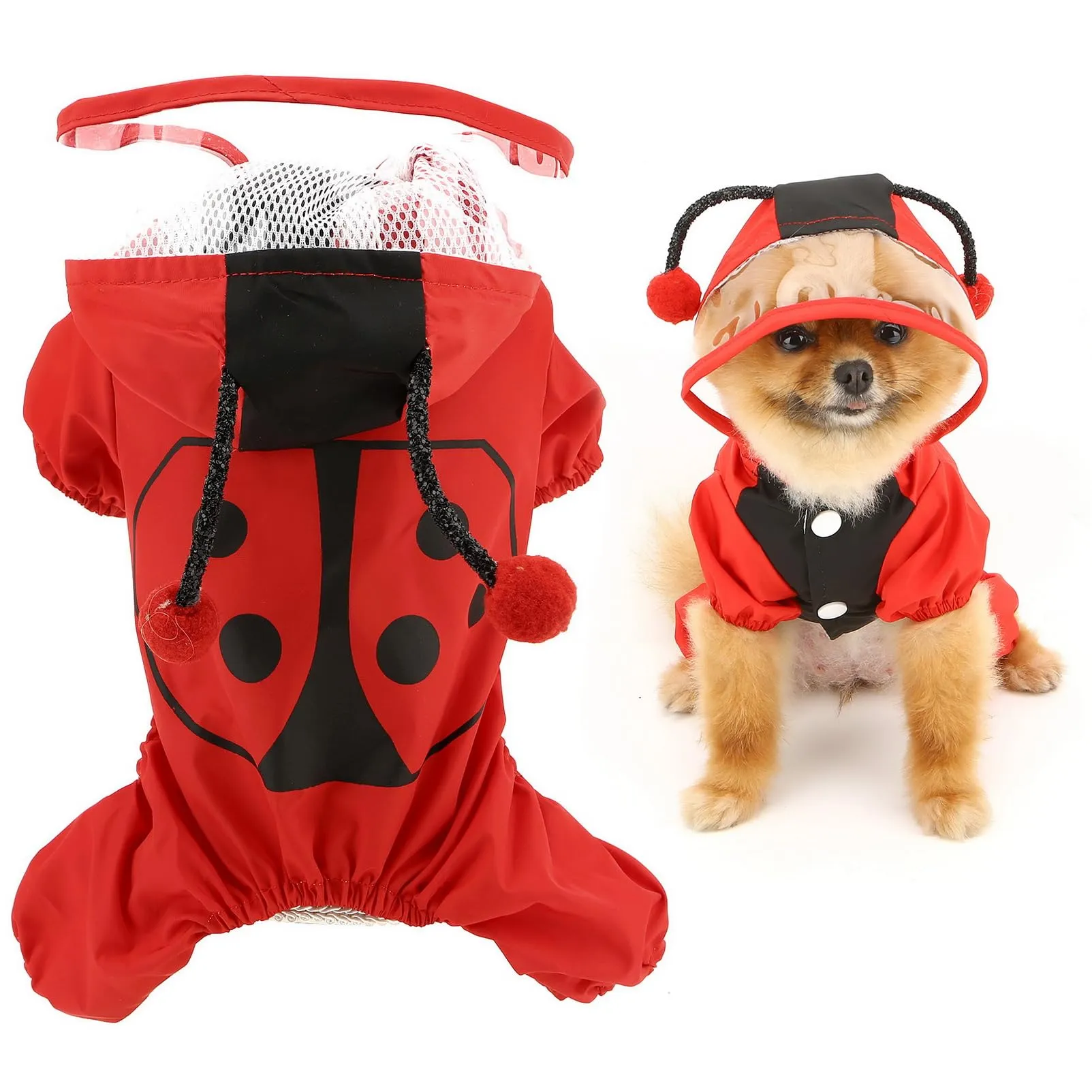 SMALLLEE_LUCKY_STORE Simpatica coccinella impermeabile impermeabile per cani con cappuccio per cani di piccola taglia media con guinzaglio D-ring leggero giacca antipioggia per animali domestici - immagine 1