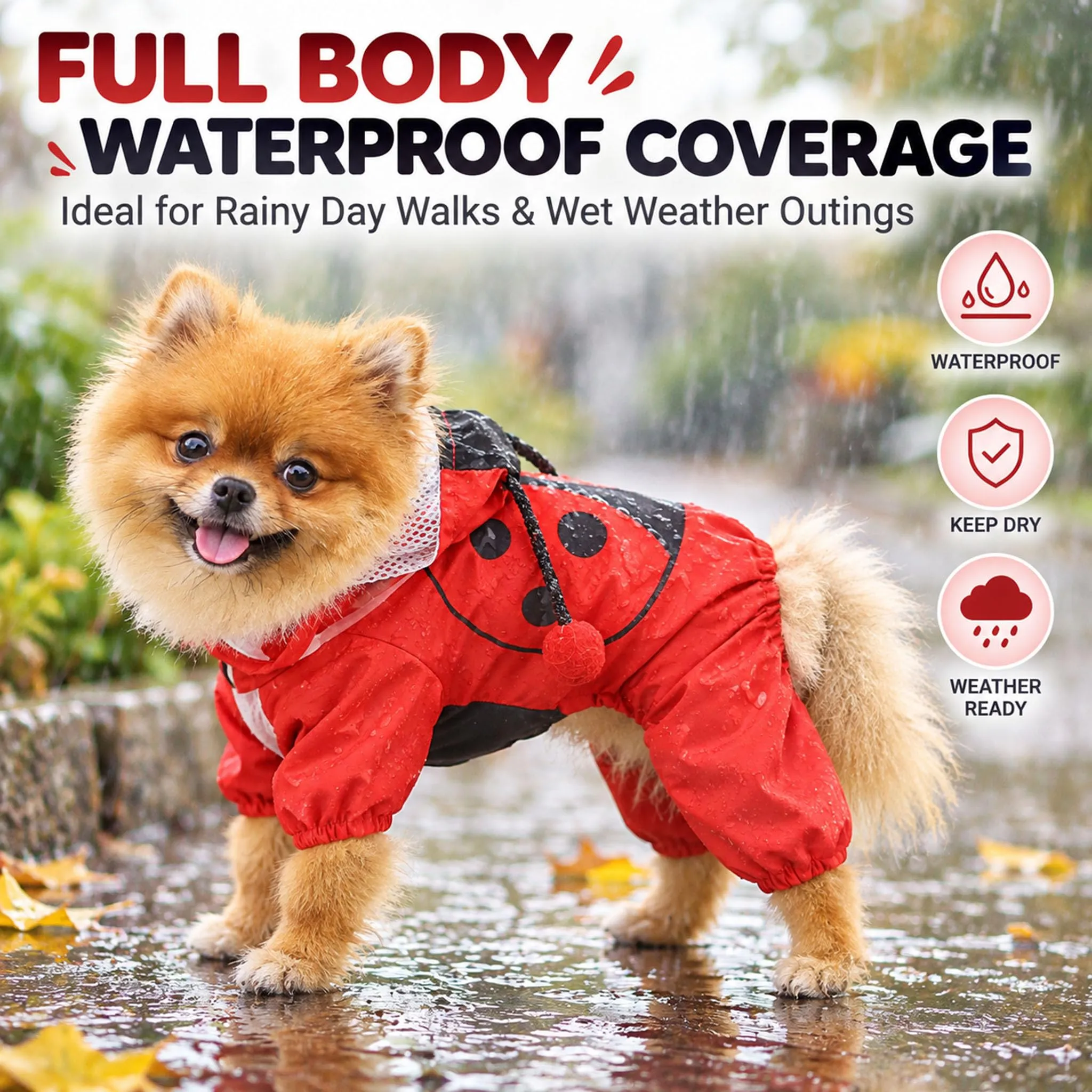 SMALLLEE_LUCKY_STORE Simpatica coccinella impermeabile per cani con cappuccio per cani di piccola taglia media con guinzaglio D-ring leggero giacca antipioggia per animali domestici cucciolo poncho - immagine 2