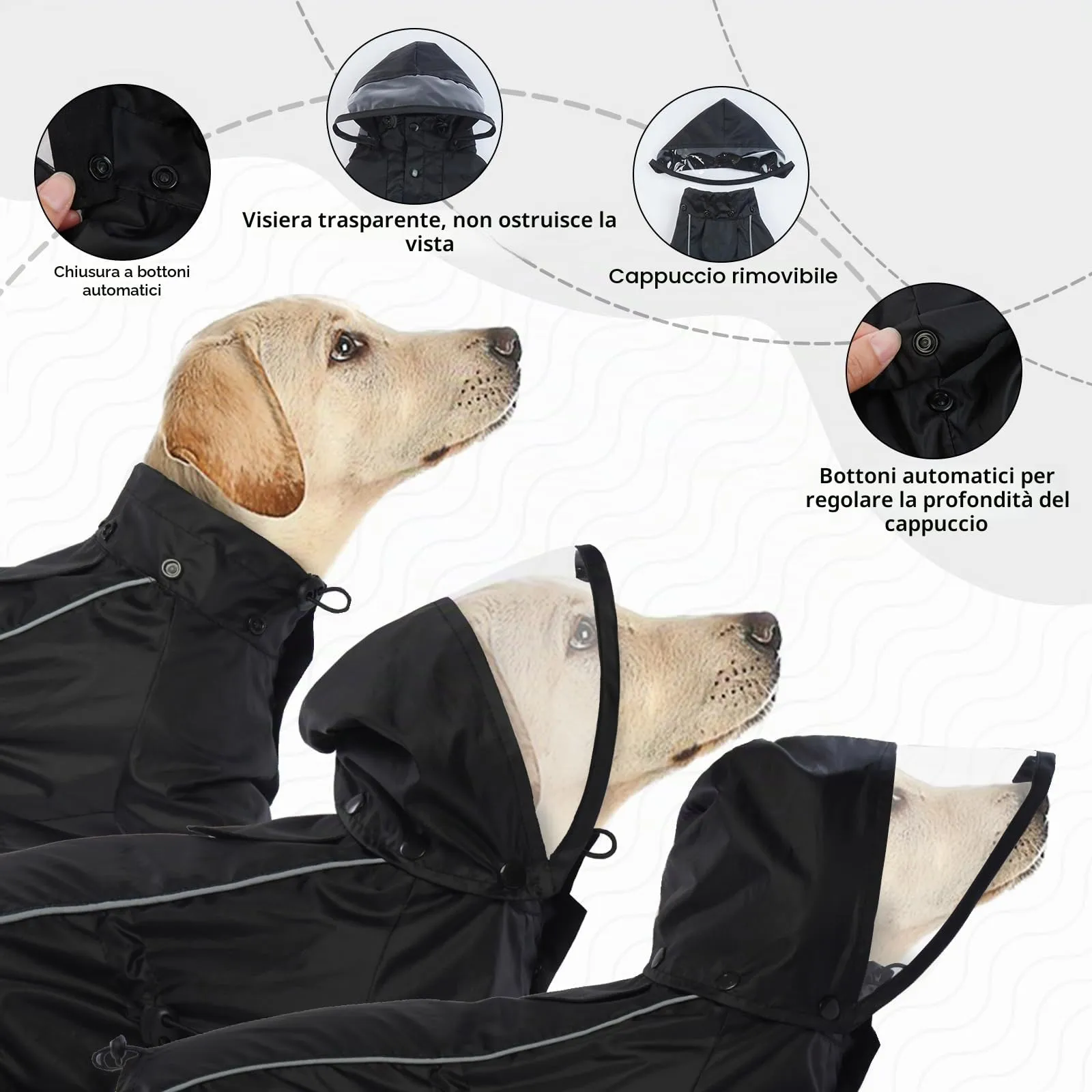 Impermeabile Cani, Cappotto Impermeabile per Cani con Cappuccio Rimovibile & Strisce Riflettenti per Cane di Taglia Piccola Media e Grande(Nero, S) - immagine 3