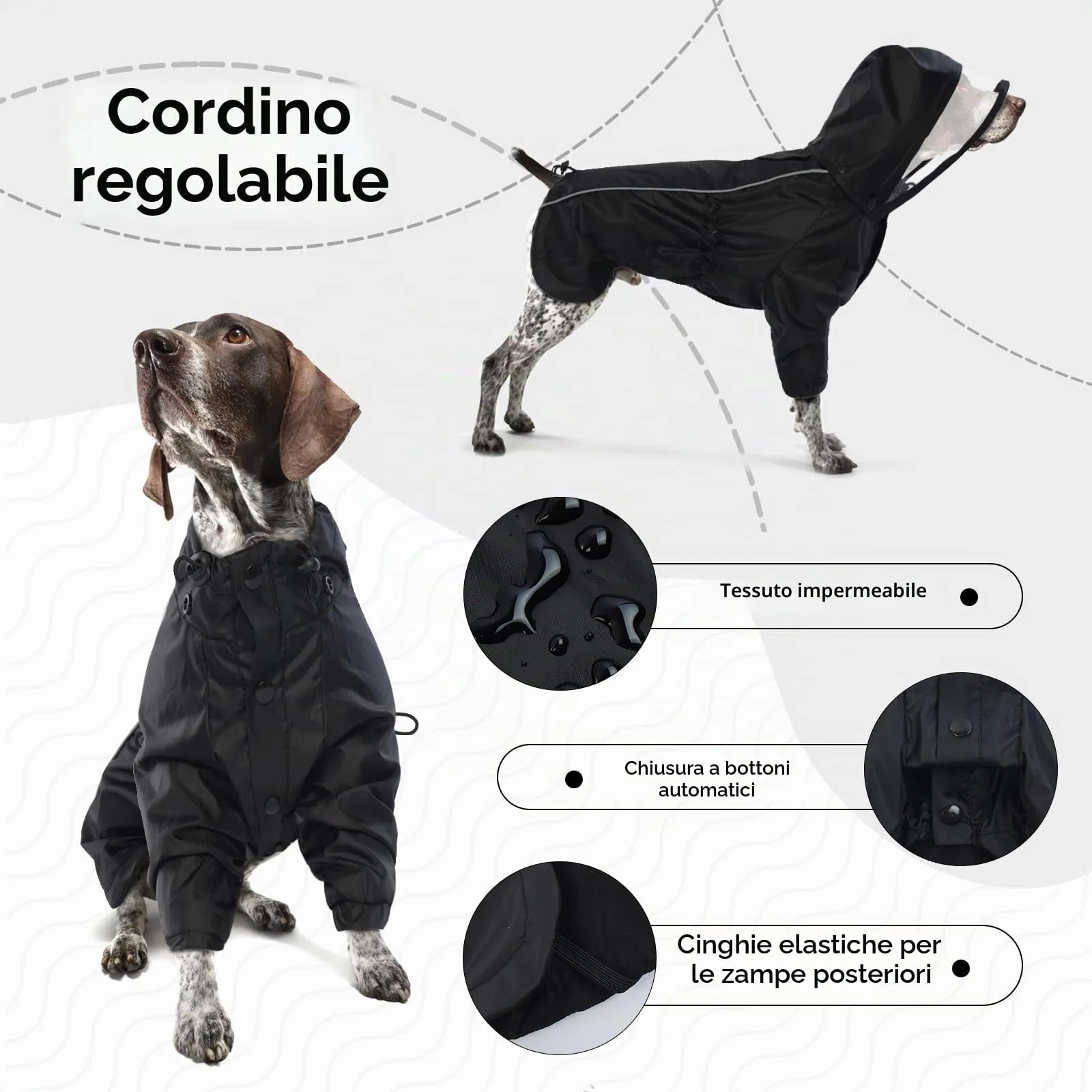 Impermeabile Cani, Cappotto Impermeabile per Cani con Cappuccio Rimovibile & Strisce Riflettenti per Cane di Taglia Piccola Media e Grande(Nero, S) - immagine 4