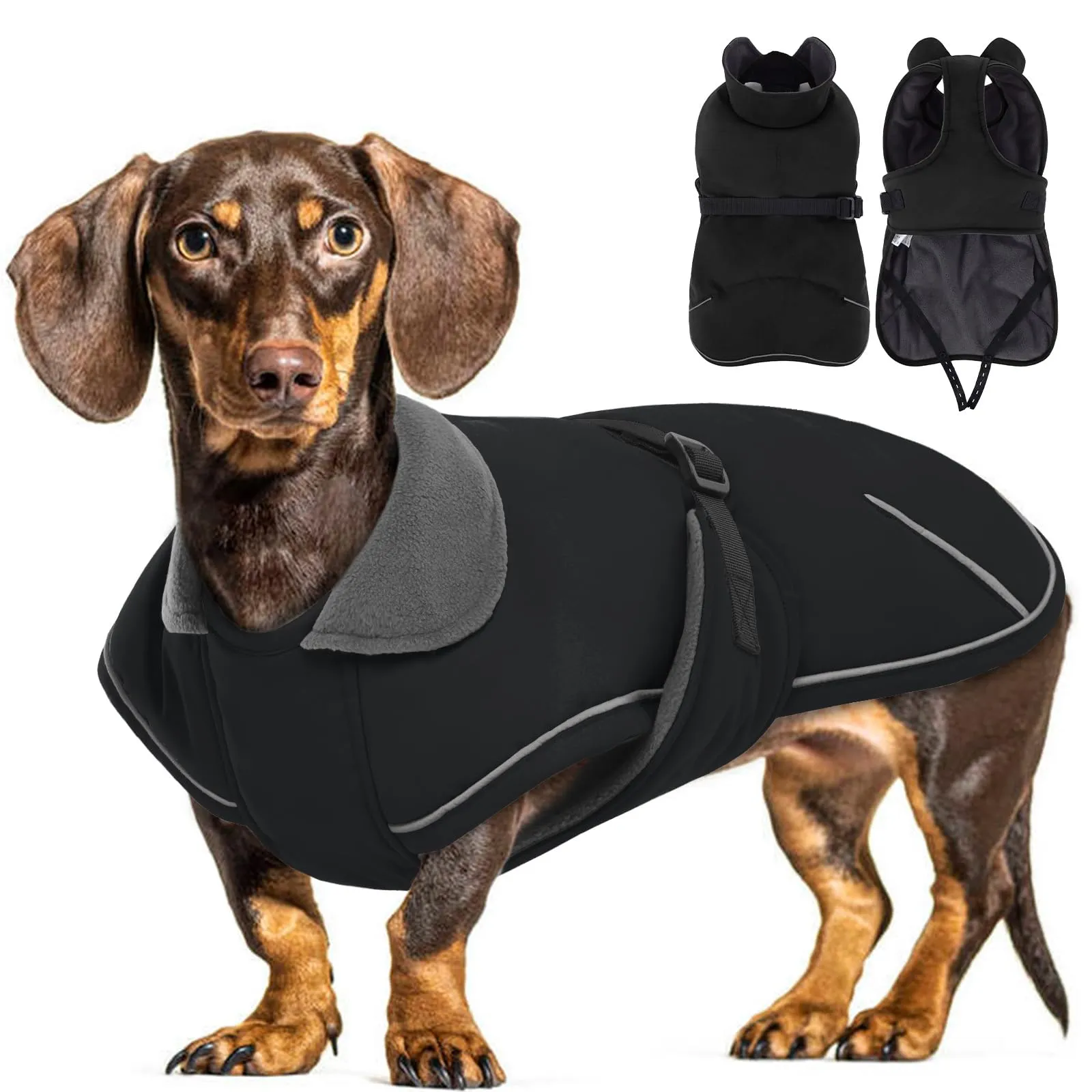 Hjyokuso Cappotto Bassotto Invernale Con Fodera in Morbido Pile, Vestiti Con Striscia Riflettente e Foro Per Guinzaglio, Giubbotto Cane - S - immagine 1