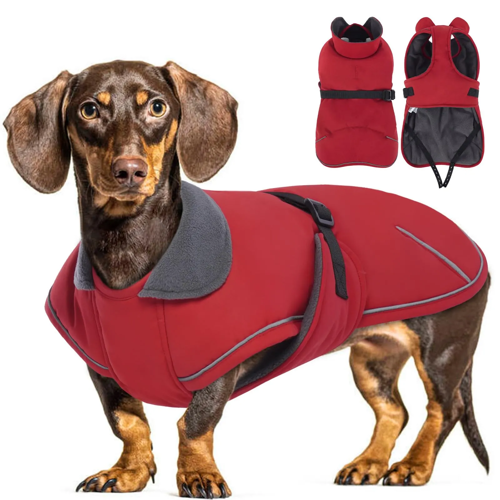 Hjyokuso Cappotto invernale per cani bassotto impermeabile con fodera morbida e calda, design a pullover, per cani salsiccia in miniatura in condizioni di freddo, passeggiate, neve, avventure all'aria - immagine 1