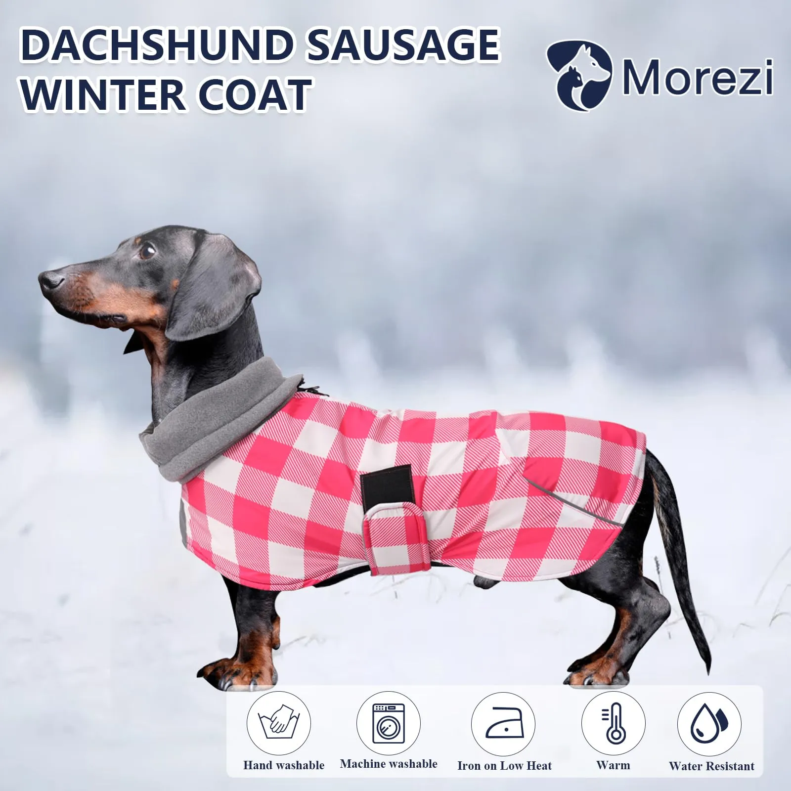 Giacca invernale per cani MOREZI, strato esterno impermeabile, fodera in pile, con cintura regolabile e finiture riflettenti, adatta a cani di piccola e media taglia-Quadretti Rosa-M - immagine 2