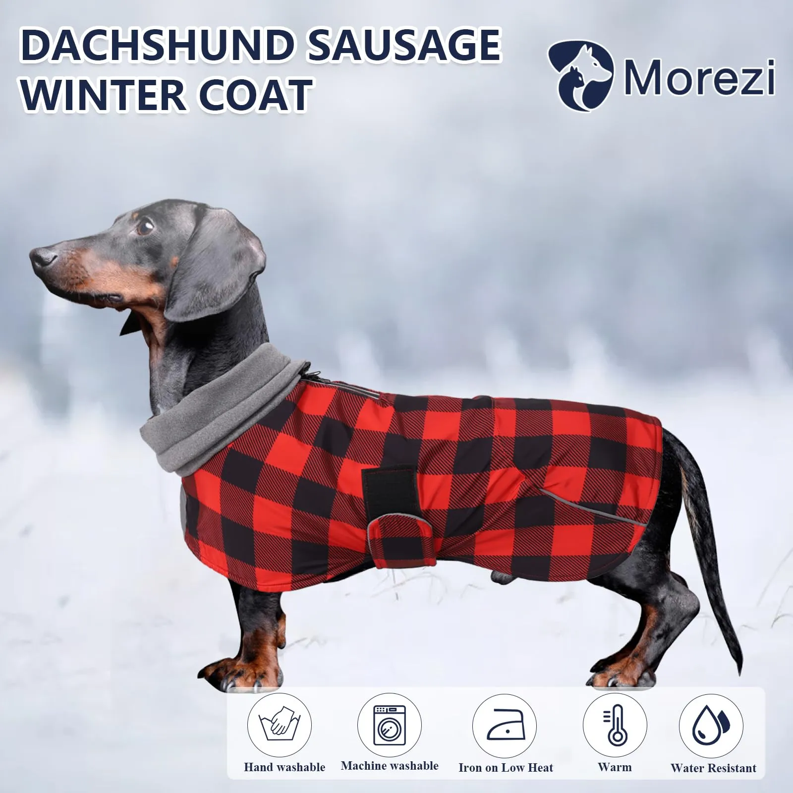 Giacca invernale per cani MOREZI, strato esterno impermeabile, fodera in pile, con cintura regolabile e finiture riflettenti, adatta a cani di piccola e media taglia-Quadretti Rosso-S - immagine 2
