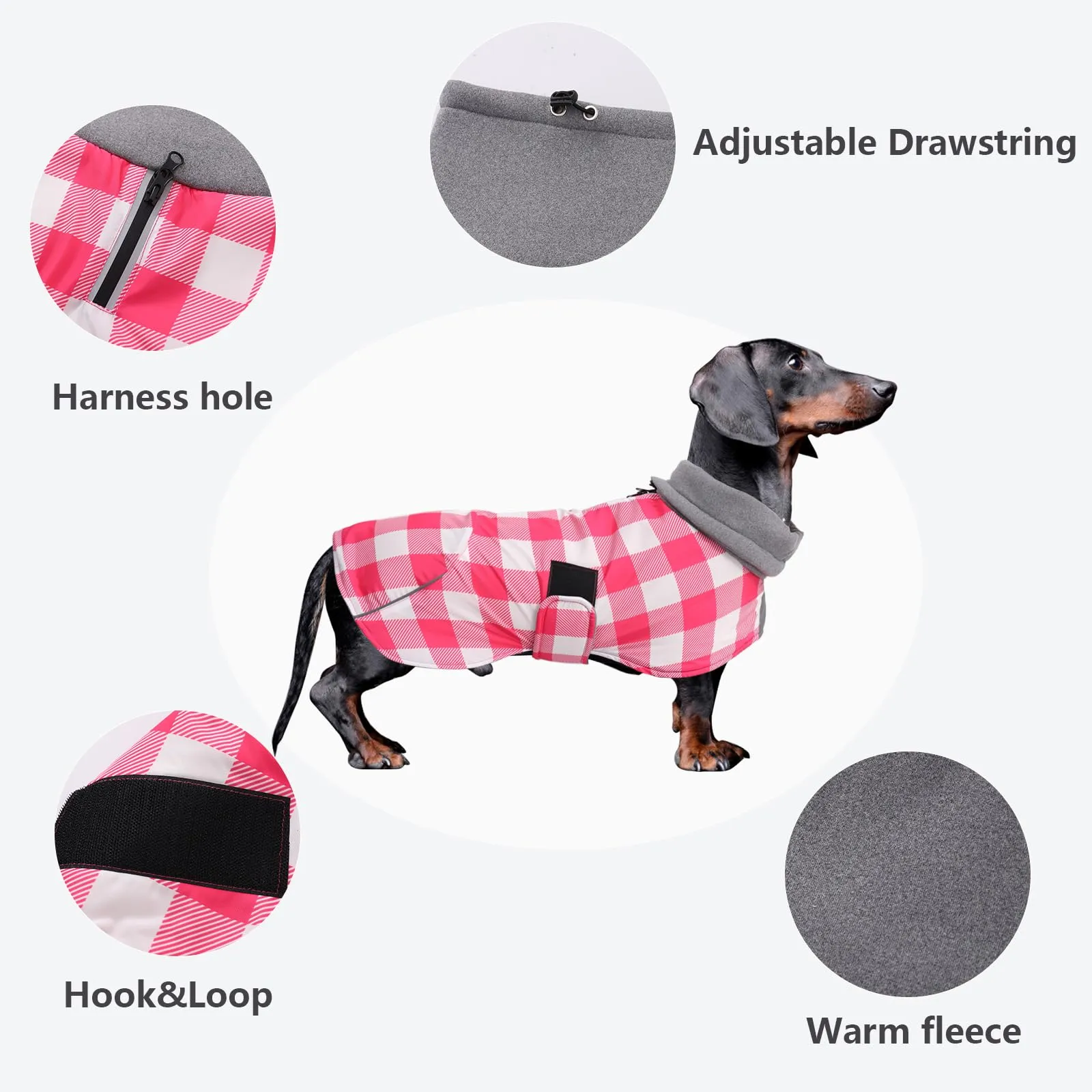 Giacca invernale per cani MOREZI, strato esterno impermeabile, fodera in pile, con cintura regolabile e finiture riflettenti, adatta a cani di piccola e media taglia-Quadretti Rosa-XS - immagine 3