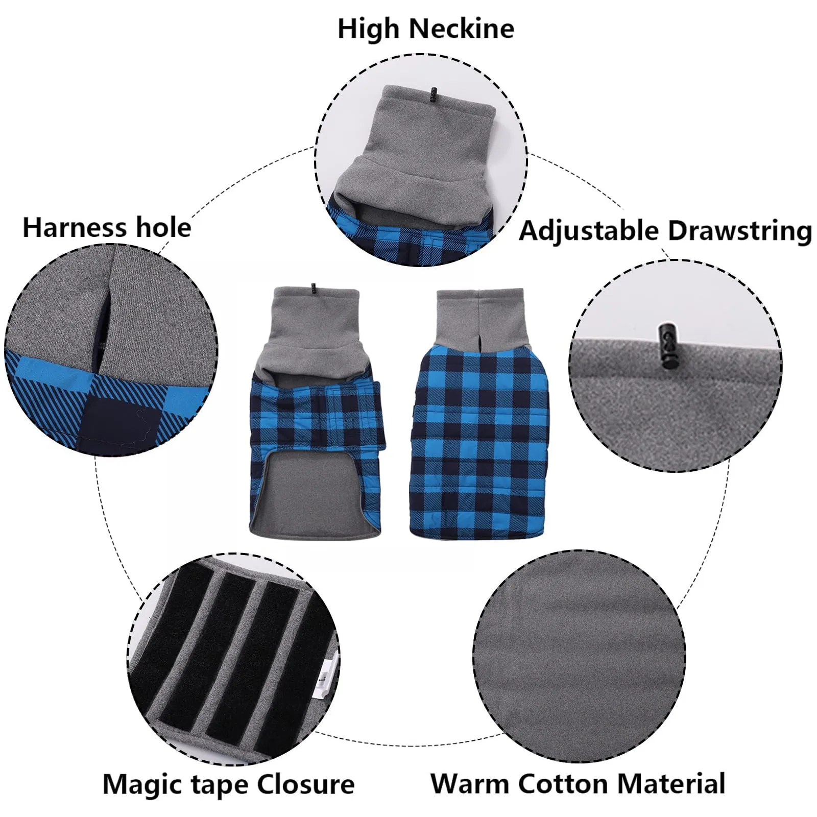 Geyecete Impermeabile Cappotto Bassotto cane,Giacca invernale per bassotto,Regolabile Caldo pullover per Cani,Collo Alto Cappotto da cucciolo,Stile Quadri Inglese-Blu Quadri-XL - immagine 2