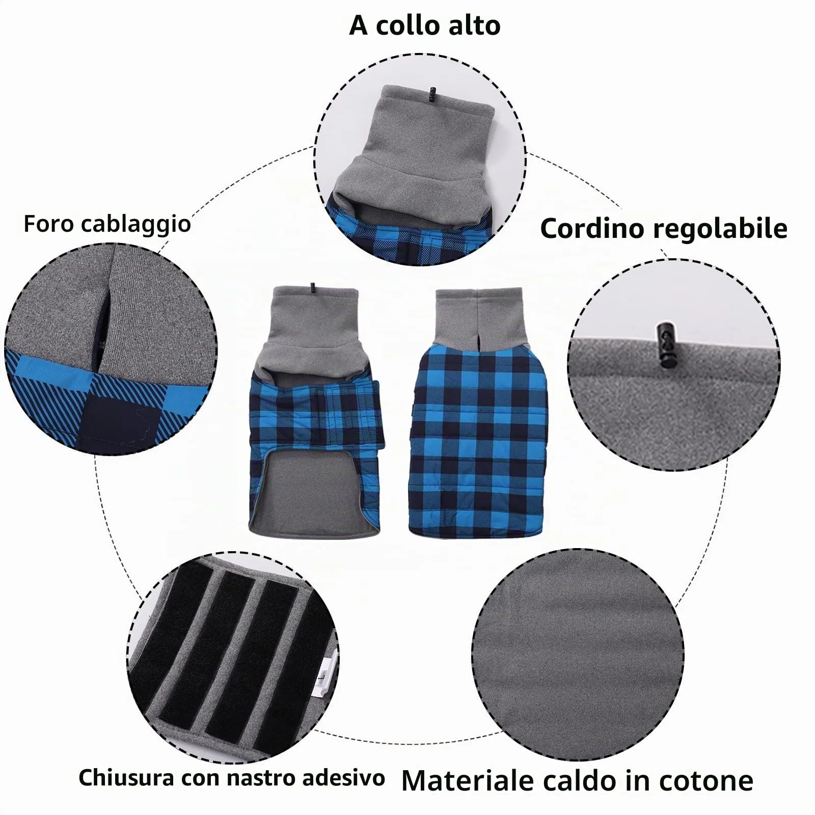 Geyecete Impermeabile Cappotto Bassotto cane,Giacca invernale per bassotto,Regolabile Caldo pullover per Cani,Collo Alto Cappotto da cucciolo,Stile Quadri Inglese-Blu Quadri-S - immagine 2
