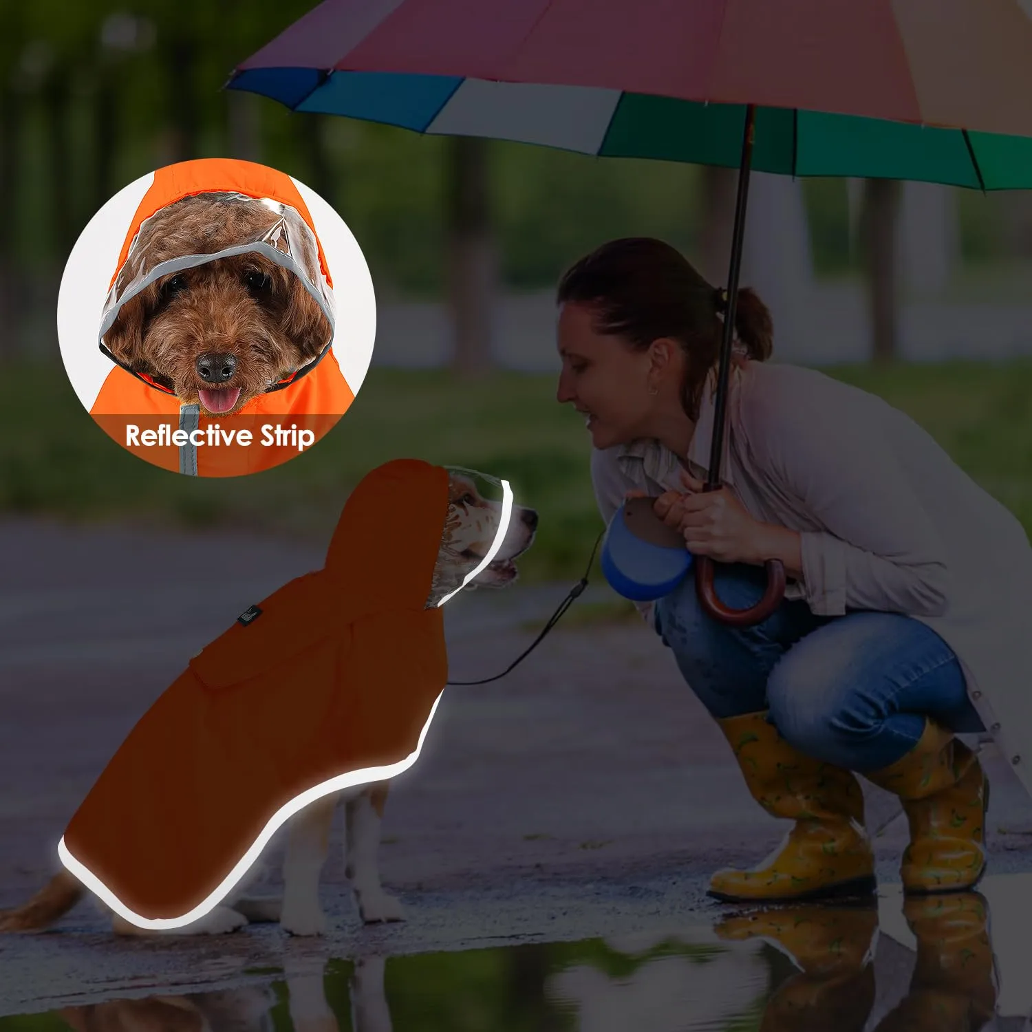 SlowTon Impermeabile per cani, giacca antipioggia a doppio strato con cappuccio per cani cuccioli di piccola media e grande taglia, poncho per cani con striscia riflettente - immagine 7