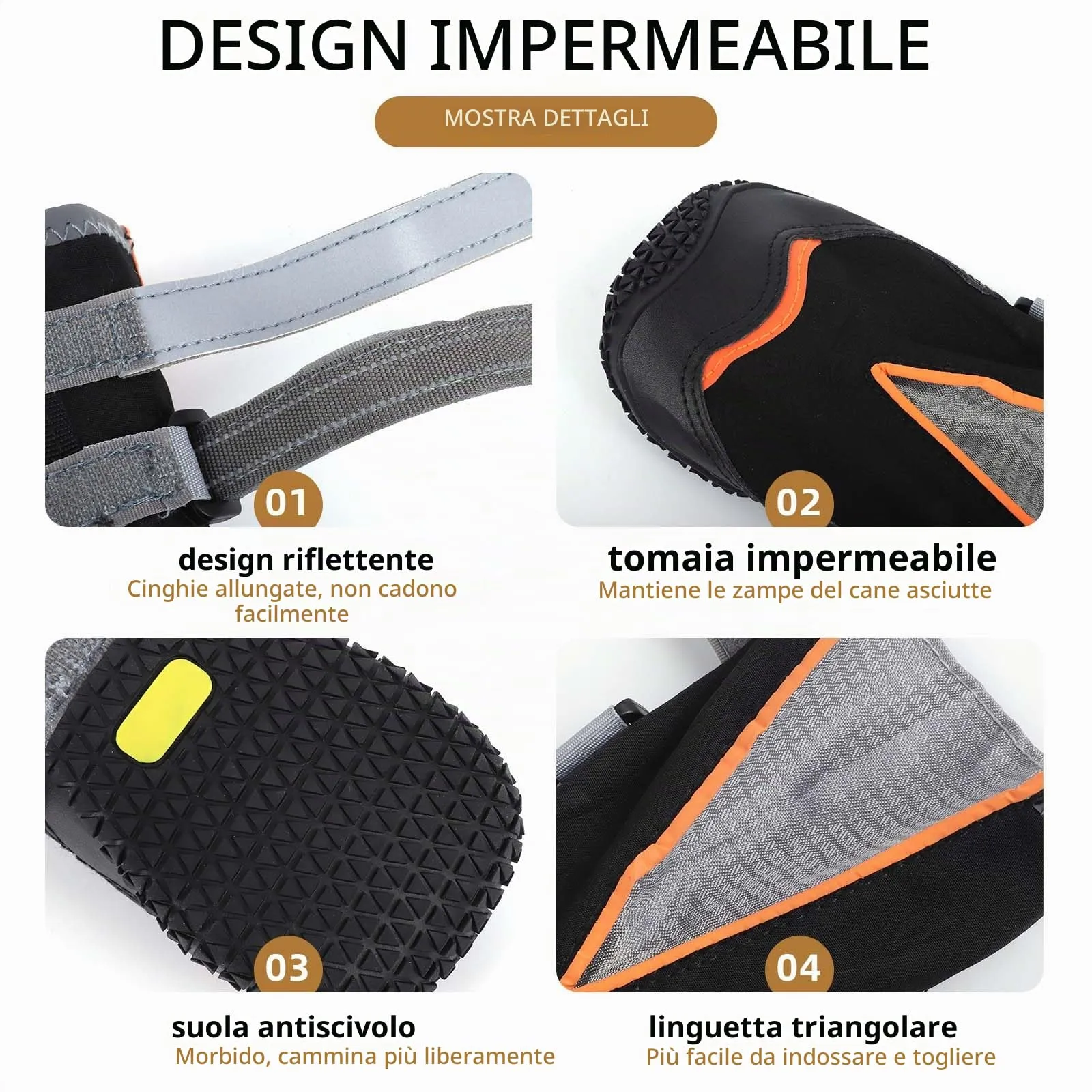 Ohcozzy Impermeabili Scarpette Cane, Stivali per Cani Antiscivolo con Cinturini Riflettenti, Resistenti All'usura, Suola in Gomma Protezione Zampe Cane per Piccoli Medi Grandi 4 Pezzi(M,Arancione) - immagine 2