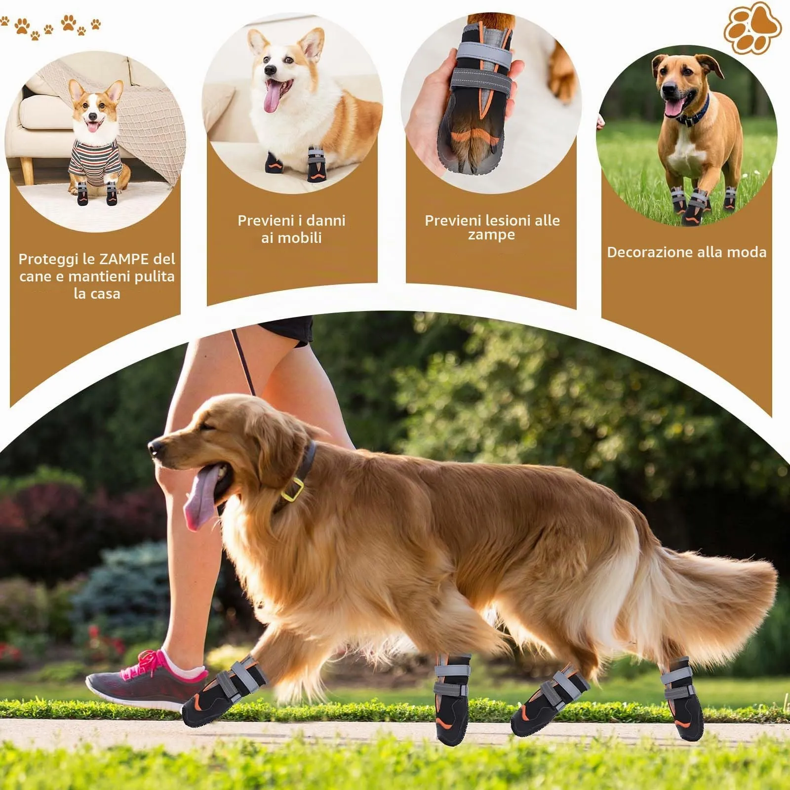 Ohcozzy Impermeabili Scarpette Cane, Stivali per Cani Antiscivolo con Cinturini Riflettenti, Resistenti All'usura, Suola in Gomma Protezione Zampe Cane per Piccoli Medi Grandi 4 Pezzi(M,Arancione) - immagine 4