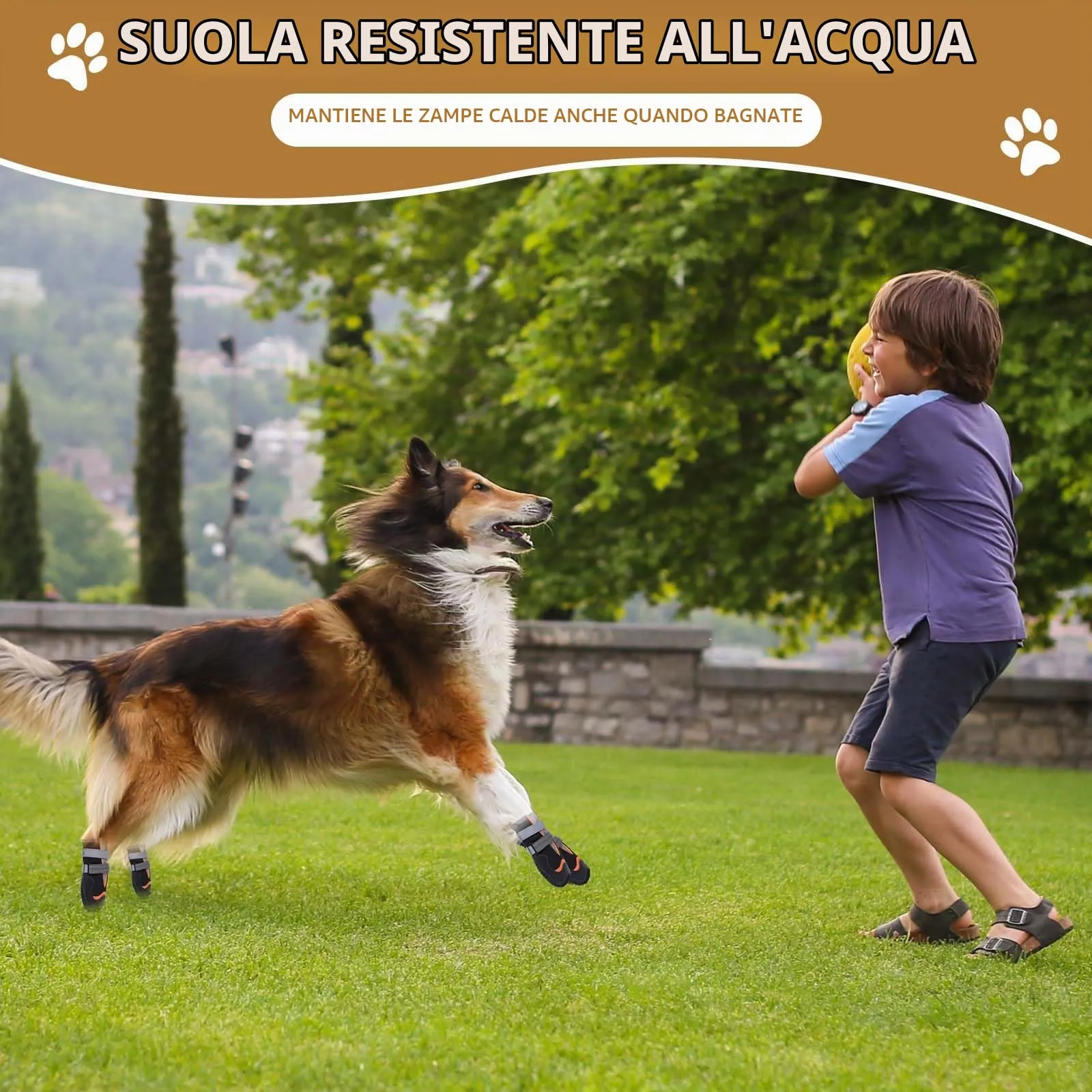 Ohcozzy Impermeabili Scarpette Cane, Stivali per Cani Antiscivolo con Cinturini Riflettenti, Resistenti All'usura, Suola in Gomma Protezione Zampe Cane per Piccoli Medi Grandi 4 Pezzi(M,Arancione) - immagine 5