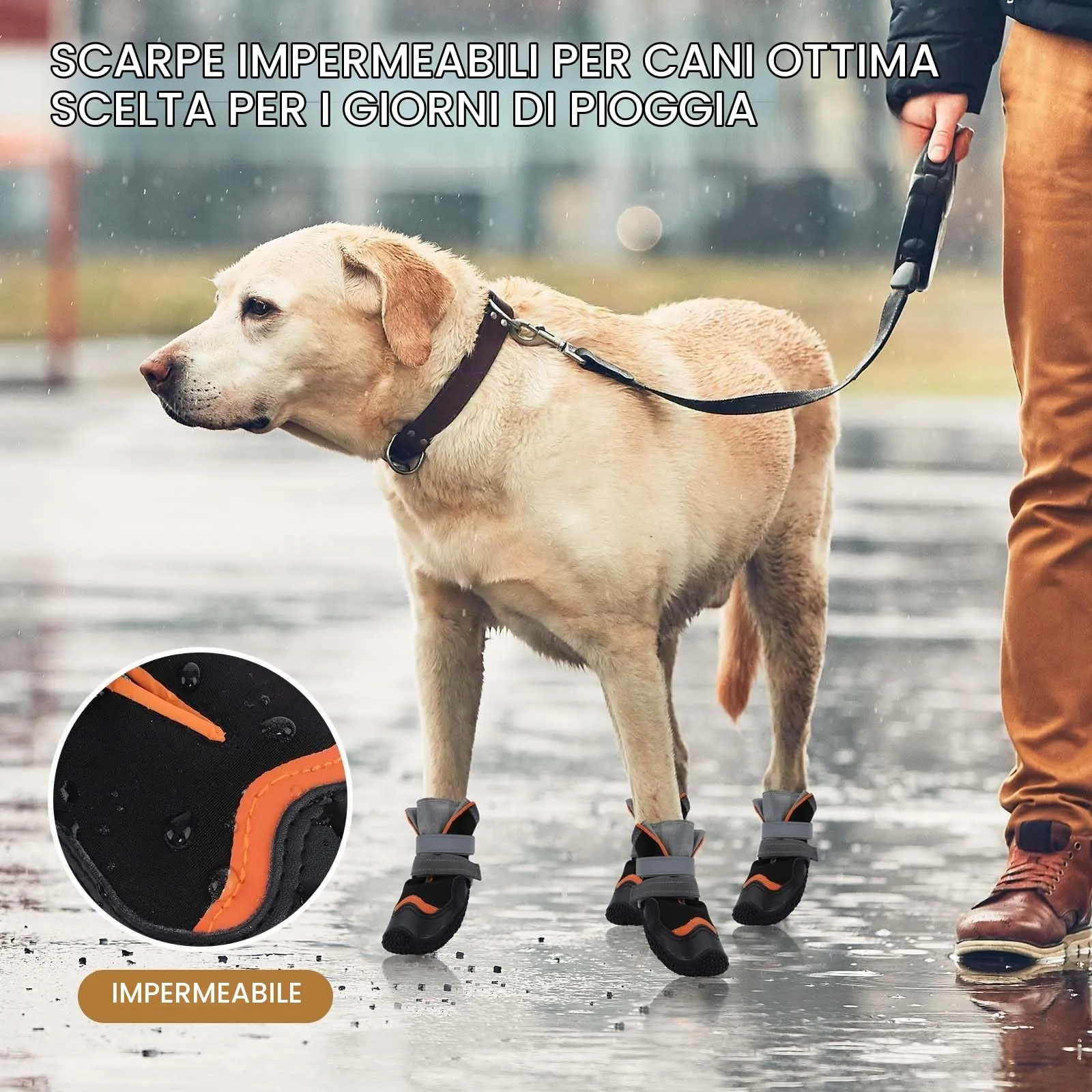 Ohcozzy Impermeabili Scarpette Cane, Stivali per Cani Antiscivolo con Cinturini Riflettenti, Resistenti All'usura, Suola in Gomma Protezione Zampe Cane per Piccoli Medi Grandi 4 Pezzi(M,Arancione) - immagine 6