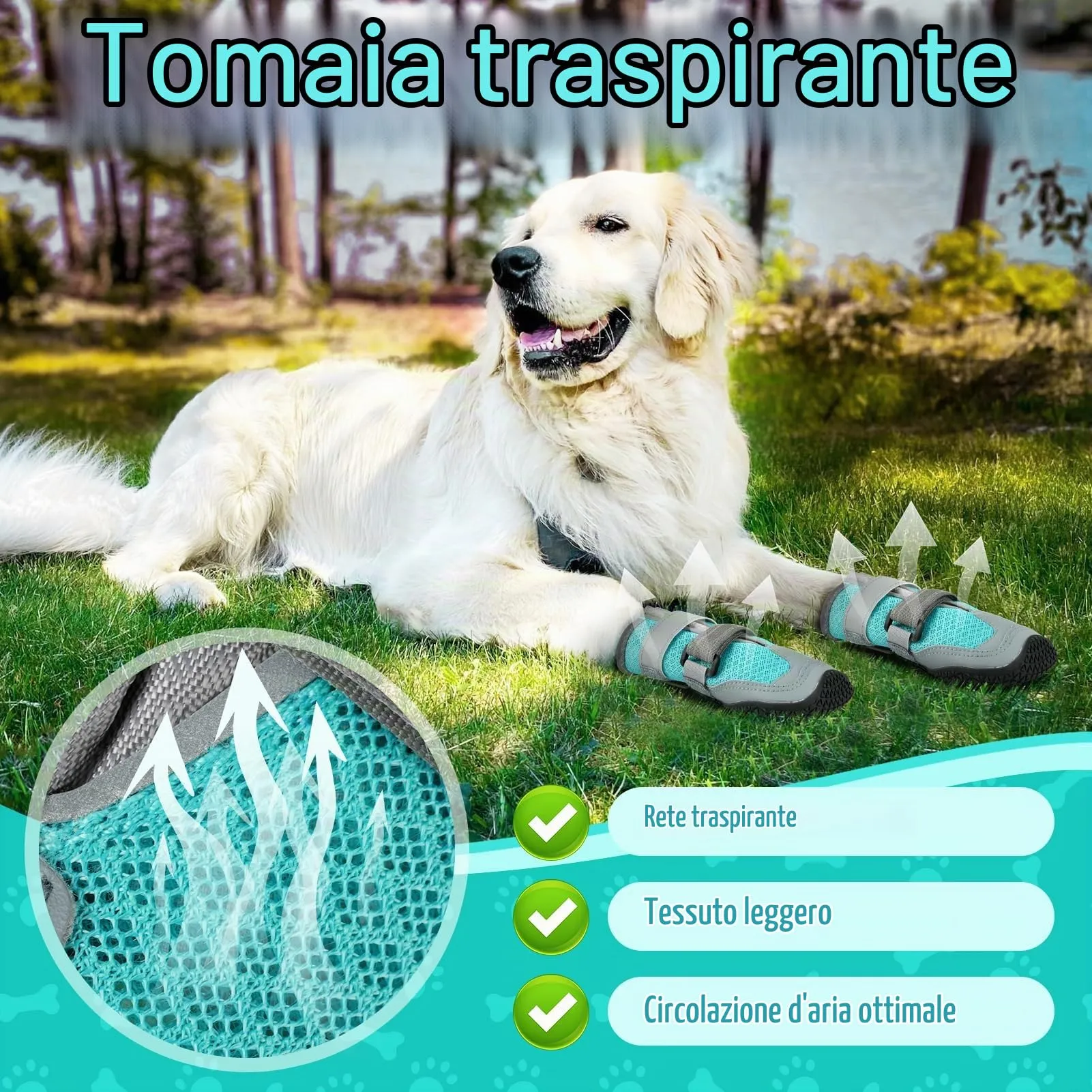 Ohcozzy Scarpette Cane con Rete Traspirante, Stivali per Cani Antiscivolo con Cinturini Riflettenti, Resistenti All'usura Suola in Gomma Protezione Zampe Cane per Piccoli Medi Grandi 4 Pezzi(M,Blu) - immagine 2