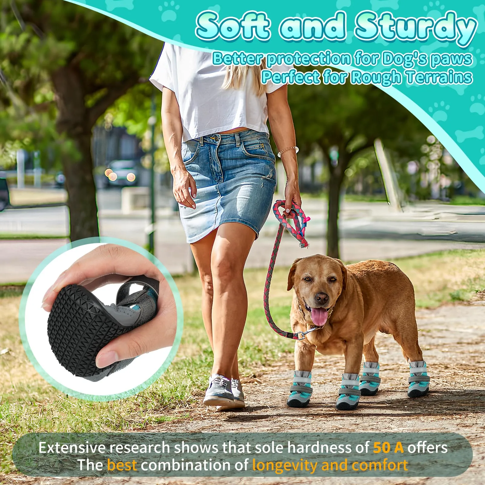 Ohcozzy Scarpette Cane con Rete Traspirante, Stivali per Cani Antiscivolo con Cinturini Riflettenti, Resistenti All'usura Suola in Gomma Protezione Zampe Cane per Piccoli Medi Grandi 4 Pezzi(M,Blu) - immagine 4
