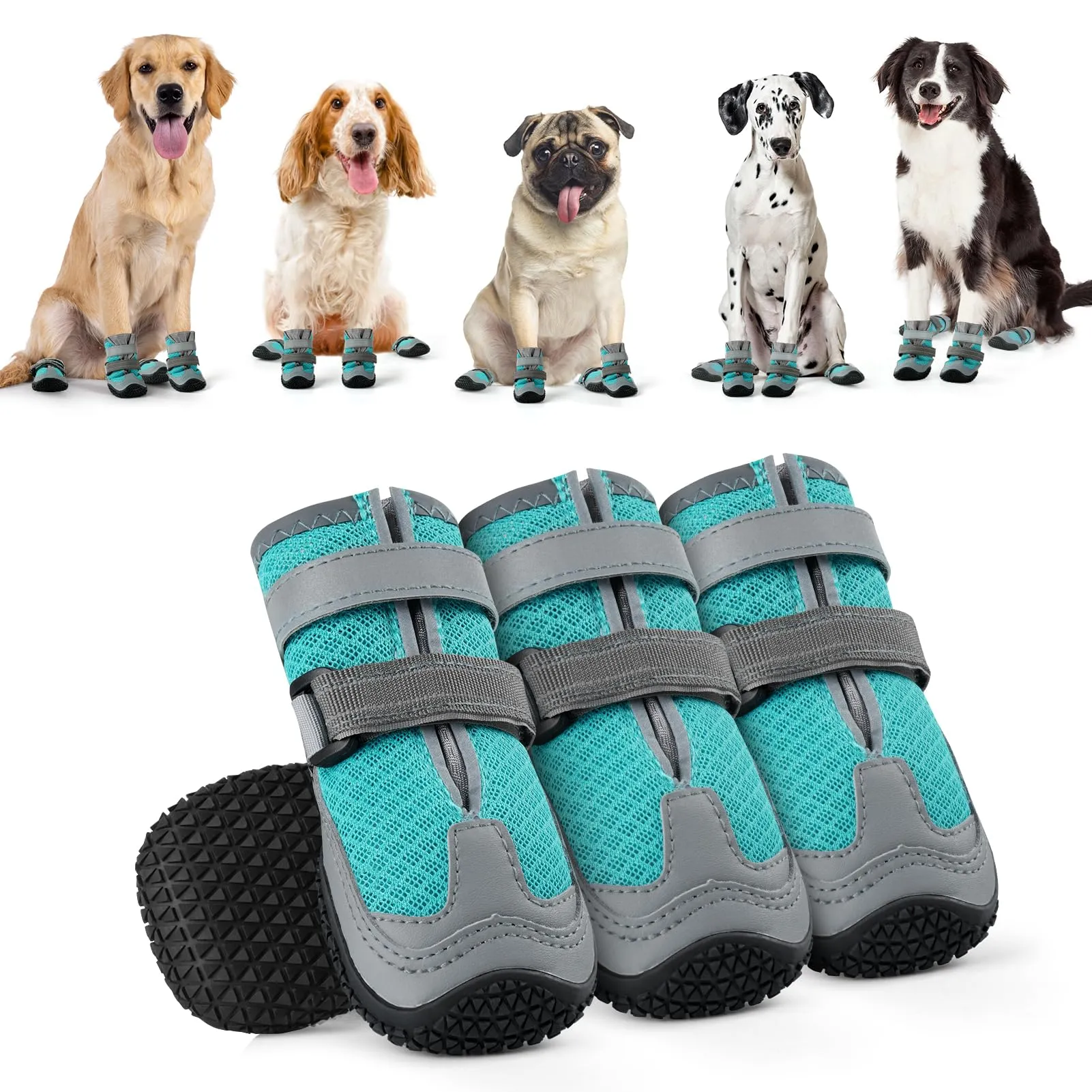 Ohcozzy Scarpette Cane con Rete Traspirante, Stivali per Cani Antiscivolo con Cinturini Riflettenti, Resistenti All'usura Suola in Gomma Protezione Zampe Cane per Piccoli Medi Grandi 4 Pezzi(L,Blu) - immagine 1