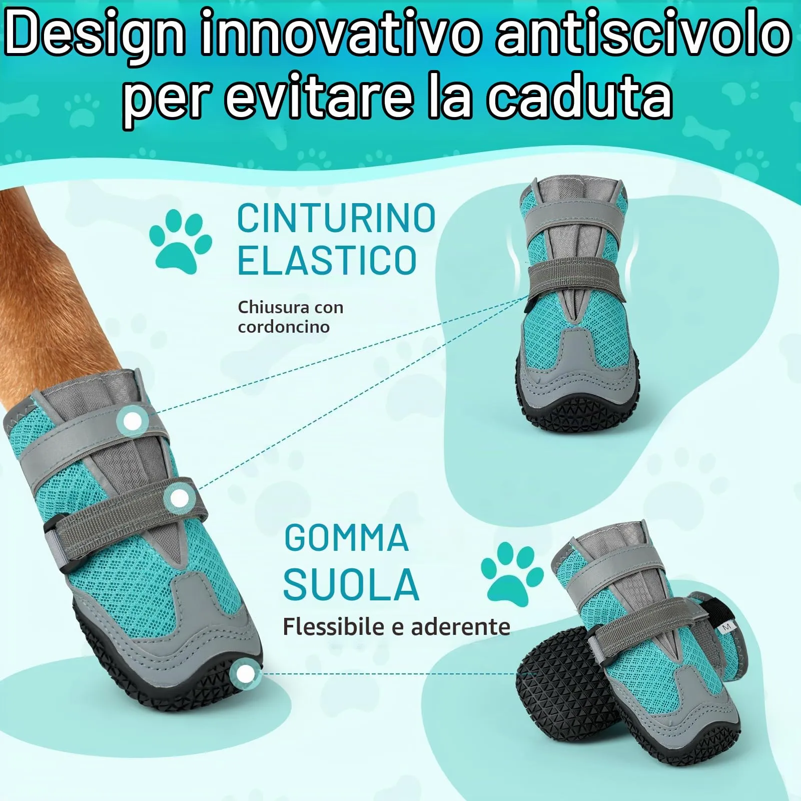 Ohcozzy Scarpette Cane con Rete Traspirante, Stivali per Cani Antiscivolo con Cinturini Riflettenti, Resistenti All'usura Suola in Gomma Protezione Zampe Cane per Piccoli Medi Grandi 4 Pezzi(L,Blu) - immagine 6