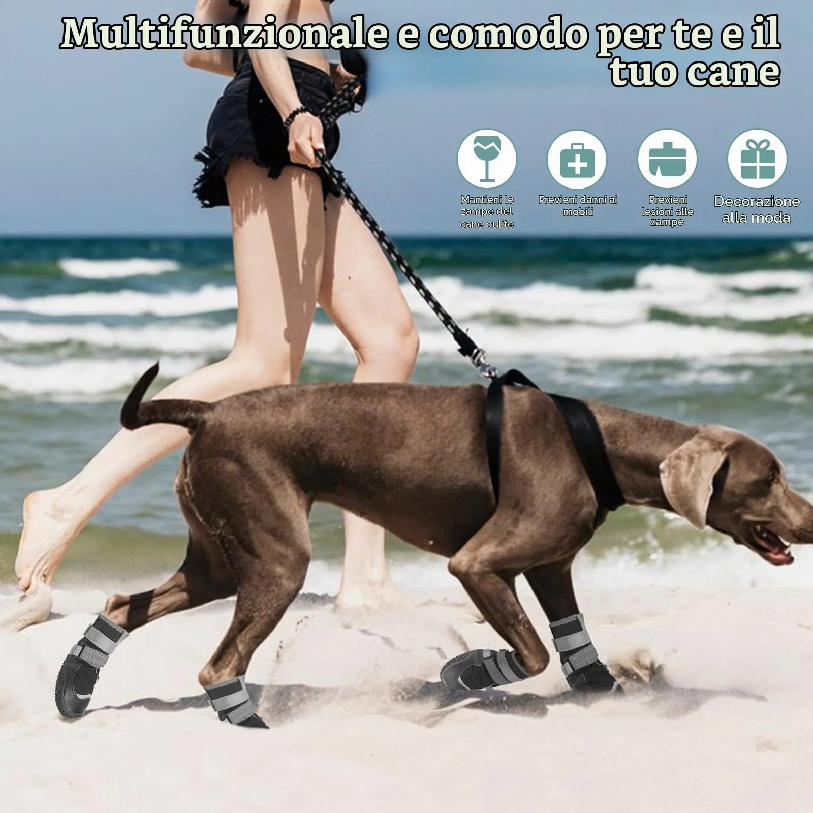 Ohcozzy Impermeabili Scarpette Cane, Stivali per Cani Antiscivolo con Cinturini Riflettenti, Resistenti All'usura, Suola in Gomma Protezione Zampe Cane per Piccoli Medi Grandi 4 Pezzi(S,Nero) - immagine 4