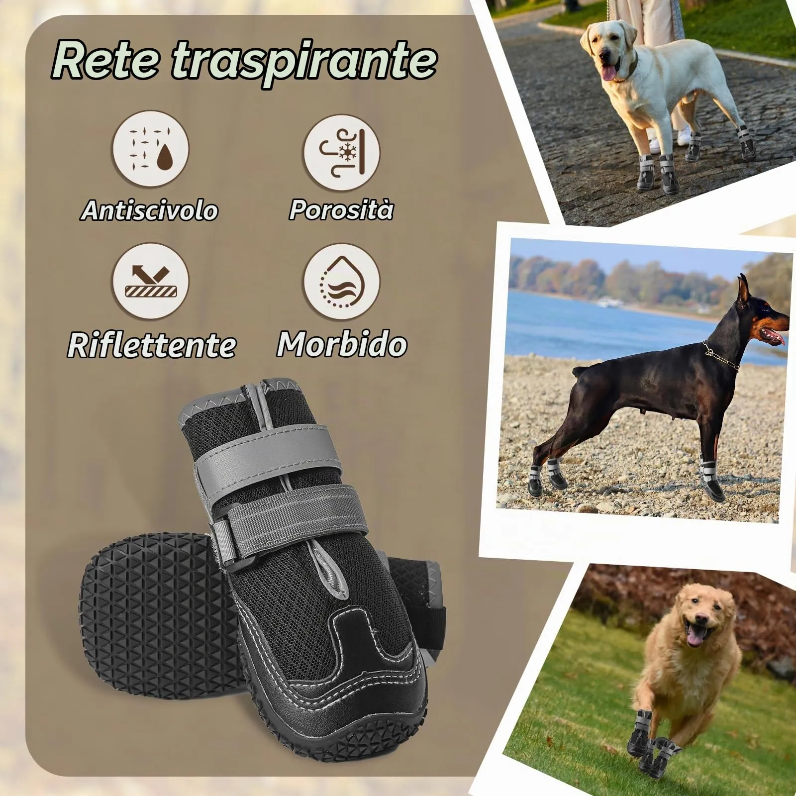 Ohcozzy Scarpette Cane con Rete Traspirante, Stivali per Cani Antiscivolo con Cinturini Riflettenti, Resistenti All'usura Suola in Gomma Protezione Zampe Cane per Piccoli Medi Grandi 4 Pezzi(L,Nero) - immagine 2
