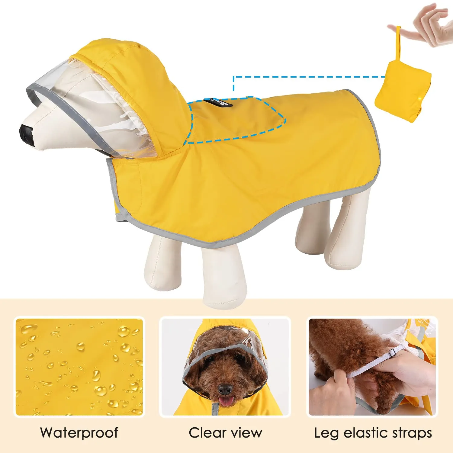 SlowTon Impermeabile per cani, giacca antipioggia a doppio strato con cappuccio per cani cuccioli di piccola media e grande taglia, poncho per cani con striscia riflettente - immagine 5