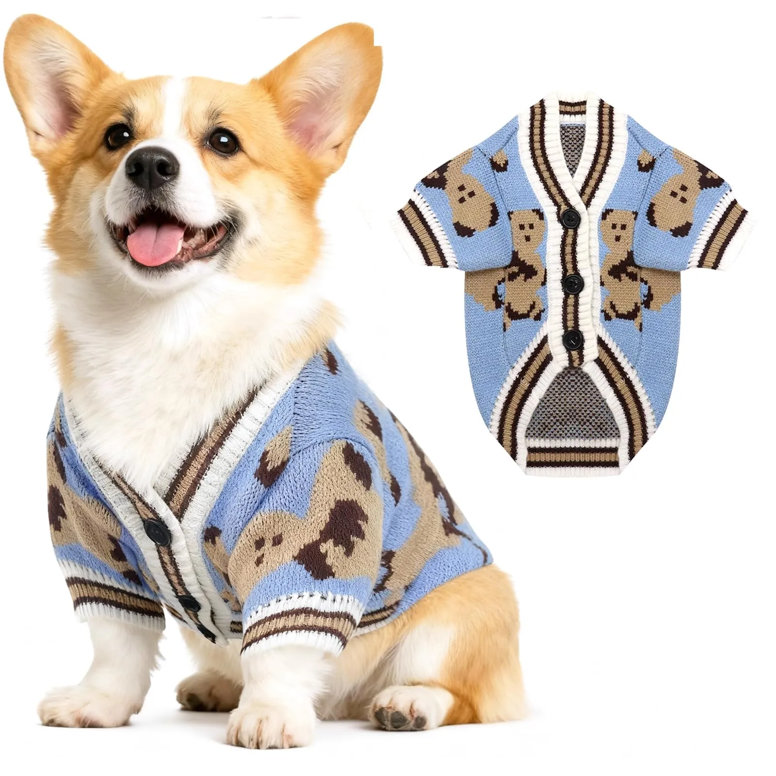 Maglione Per Cani Piccoli Lavorato A Maglia Con Motivo Orso Morbido, Blu L - immagine 1