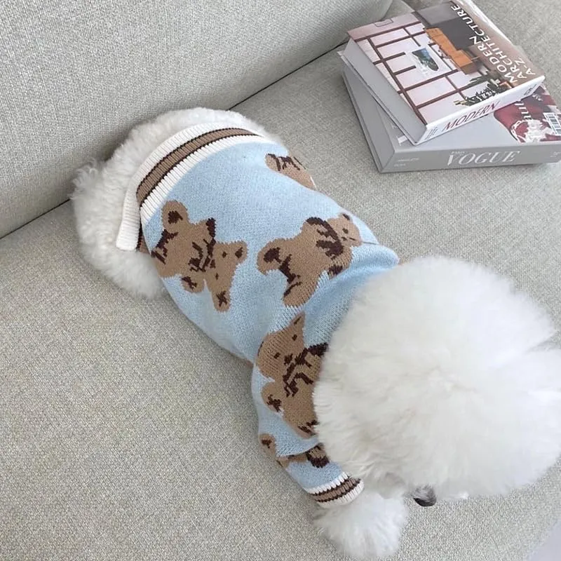 Maglione Per Cani Piccoli Lavorato A Maglia Con Motivo Orso Morbido, Blu L - immagine 4