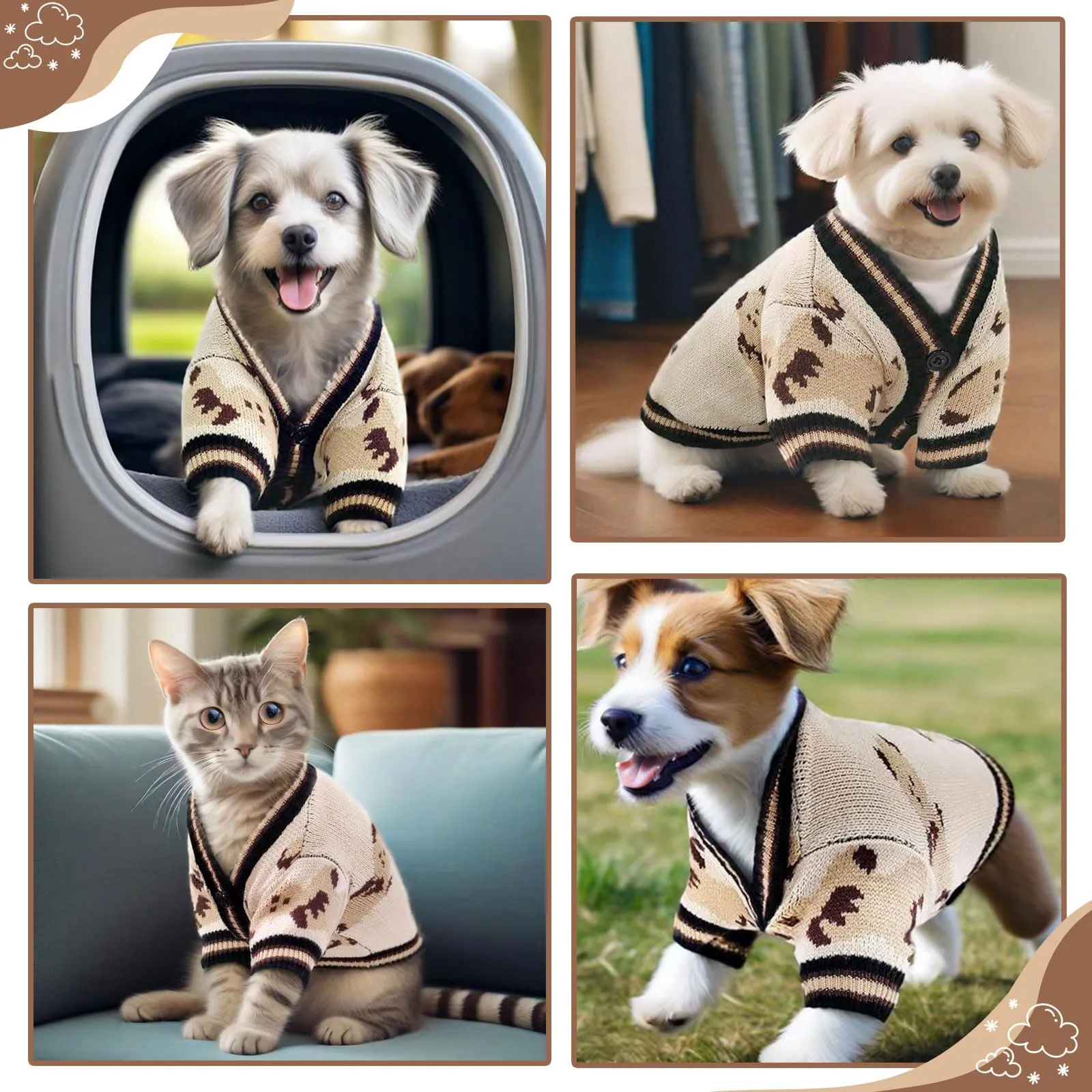 Maglione Per Cani Piccoli Lavorato A Maglia Con Motivo Orso Morbido, BeigeM - immagine 2