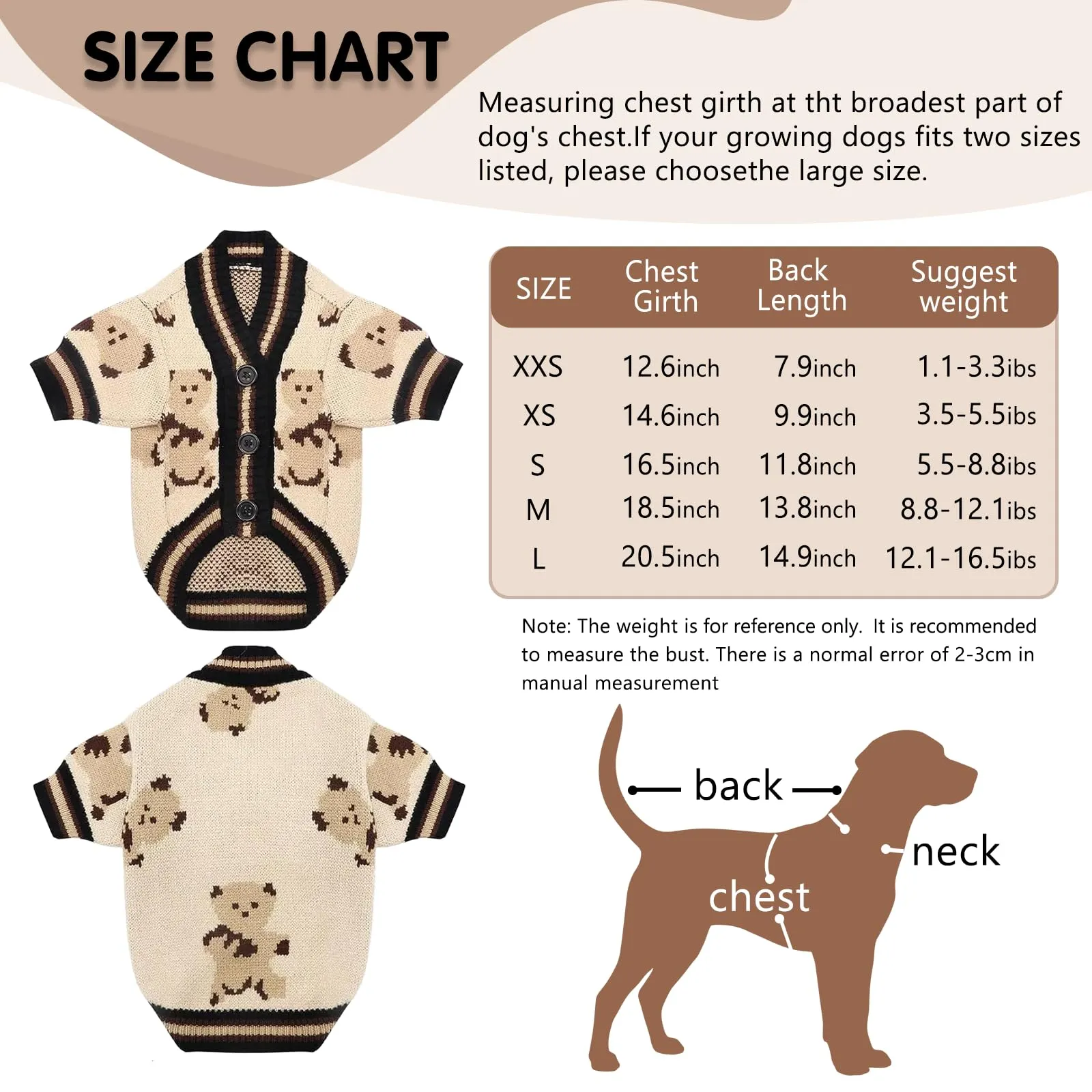 Maglione Per Cani Piccoli Lavorato A Maglia Con Motivo Orso Morbido, BeigeM - immagine 4