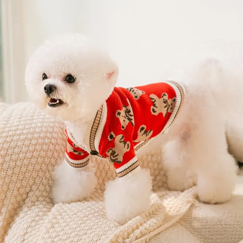 Maglione Per Cani Piccoli Lavorato A Maglia Con Motivo Orso Morbido Rosso M - immagine 5