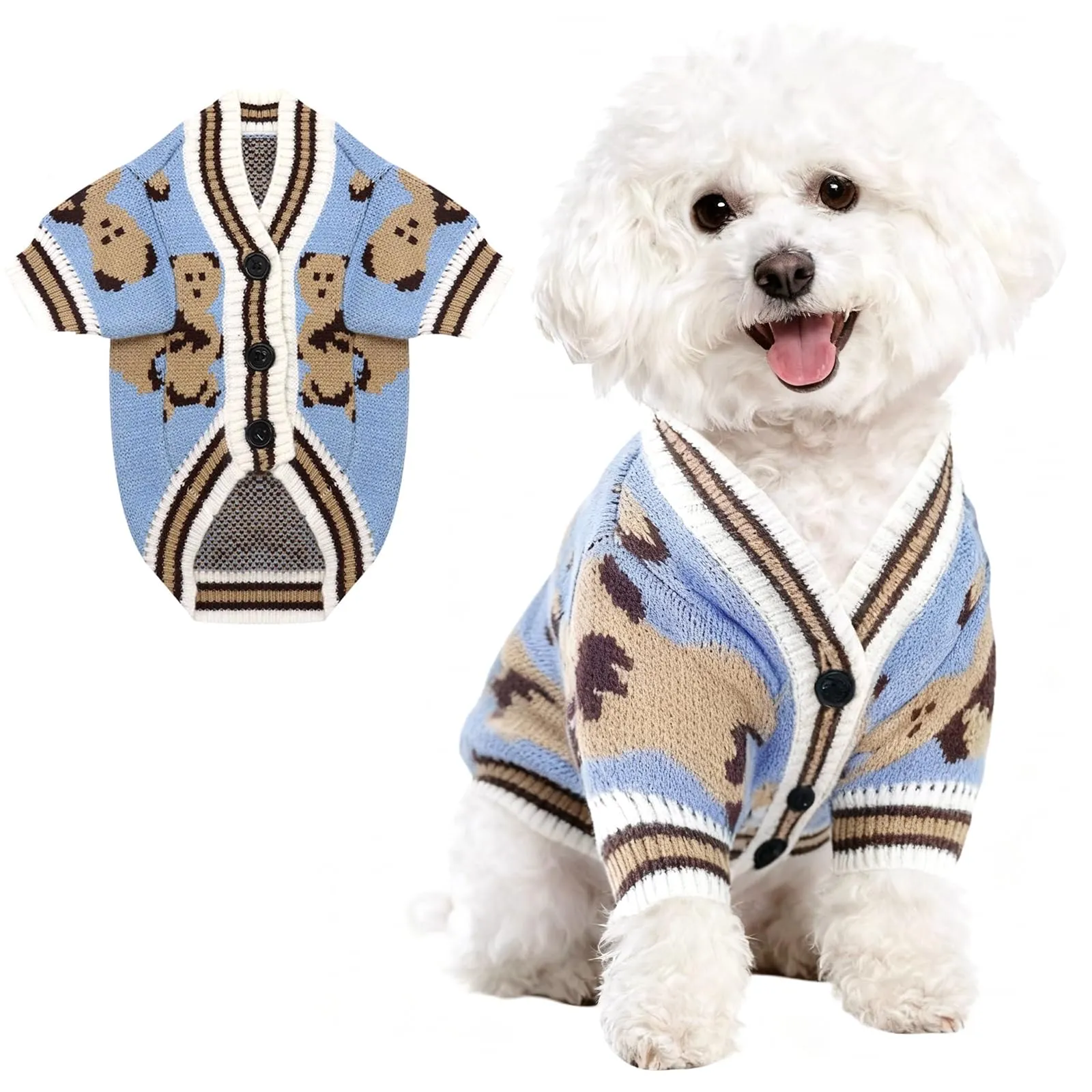 Maglione Per Cani Piccoli Lavorato A Maglia Con Motivo Orso Morbido Blu XXS - immagine 1