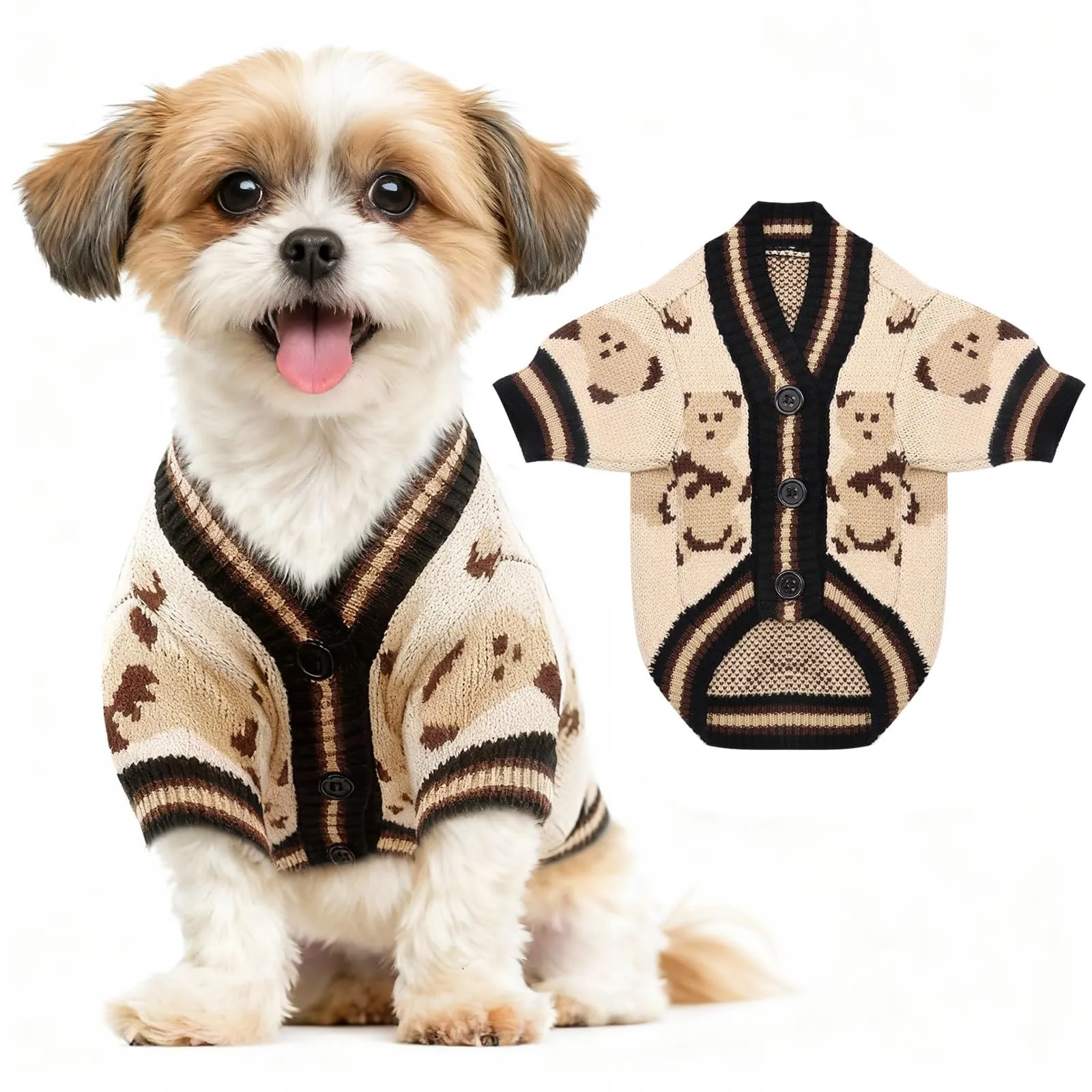 Maglione Per Cani Piccoli Lavorato A Maglia Con Motivo Orso MorbidoBeigeXXS - immagine 1