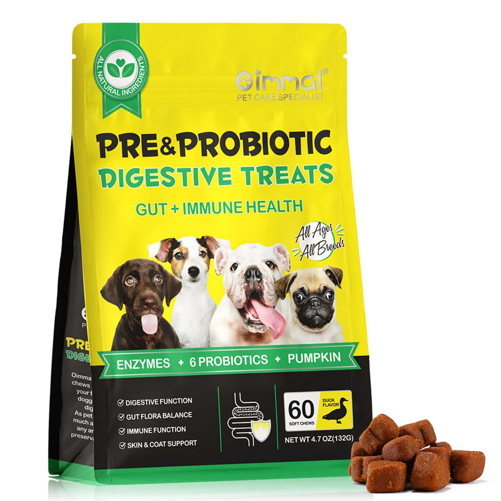 Probiotici per Cani 60 Chews Masticabili, Integratore Digestivo con Enzimi e Prebiotici, Supporto per Flora Intestinale e Digestione, Difese Immunitarie e Pelo, Gusto Anatra - immagine 1