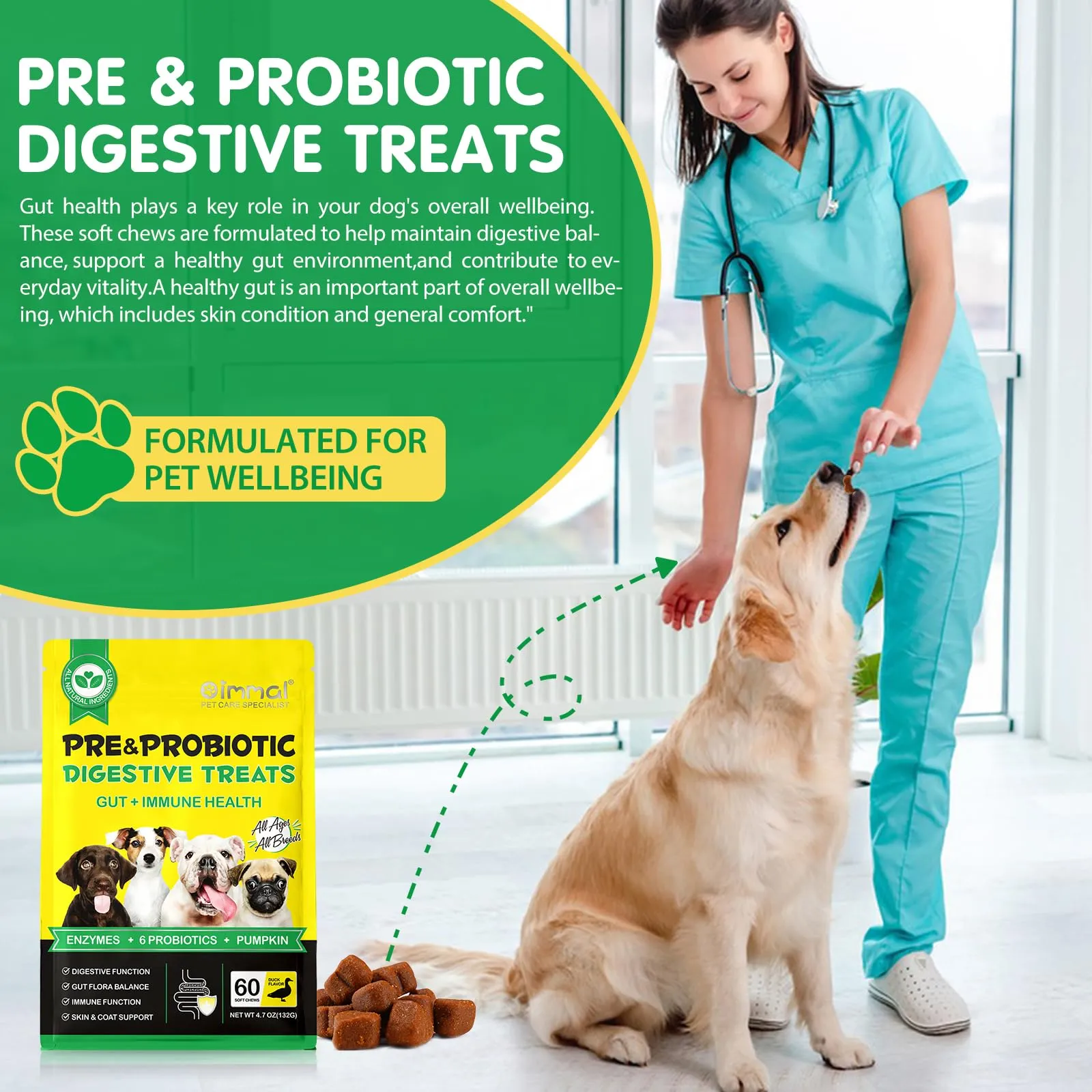 Probiotici per Cani 60 Chews Masticabili, Integratore Digestivo con Enzimi e Prebiotici, Supporto per Flora Intestinale e Digestione, Difese Immunitarie e Pelo, Gusto Anatra - immagine 5