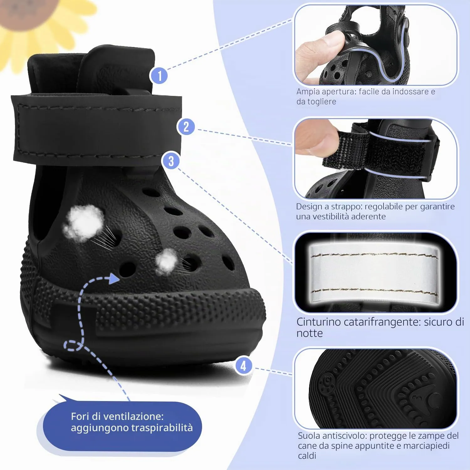 SlowTon Scarpe per cani per pavimenti caldi, sandali traspiranti antiscivolo per cani con strisce riflettenti, facili da indossare e togliere, facili da pulire - immagine 3