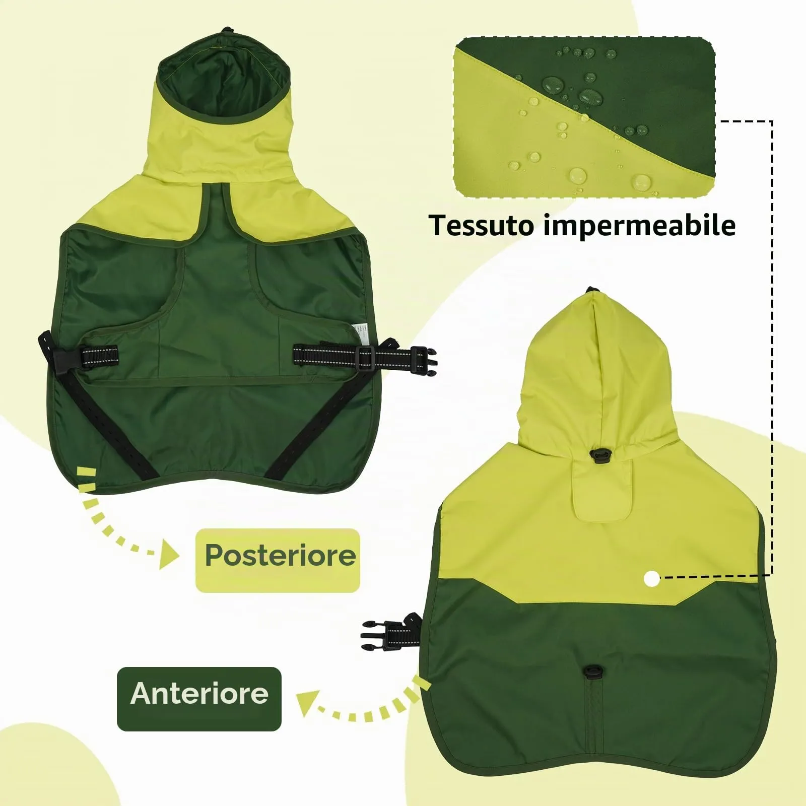 Impermeabile per Cani Taglia Media, Giacca Antipioggia Capottino Poncho Coperta Impermeabile Cani Mantellina Antivento Pioggia Impermeabile Riflettente con Cappuccio(Verde, M) - immagine 3