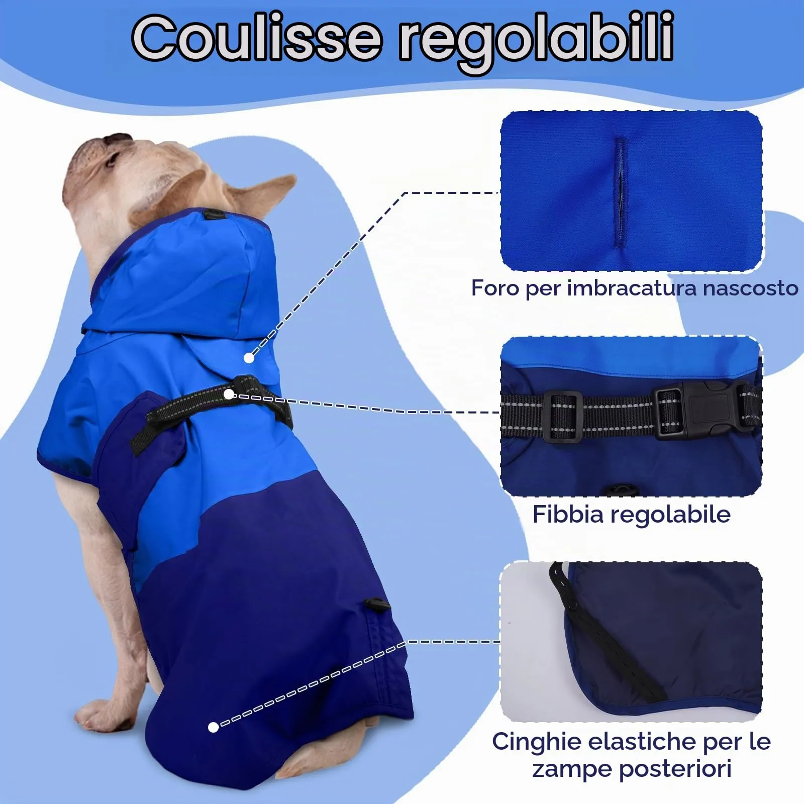 Impermeabile per Cani Taglia Media, Giacca Antipioggia Capottino Poncho Coperta Impermeabile Cani Mantellina Antivento Pioggia Impermeabile Riflettente con Cappuccio(Blu, M) - immagine 5