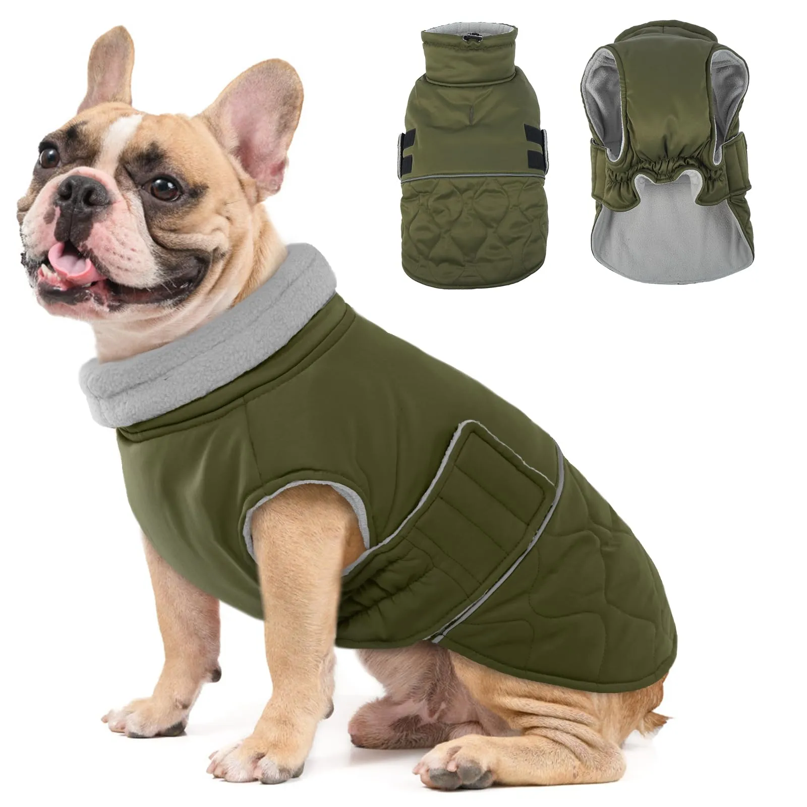 Hjumarayan Cappottino Cane Taglia Media - Cappotto Imbottito Invernale Giubbotto Cani, Cappotto Pile Cane Giacca per Cani Taglia Media Bulldog Francese, Verde Militare L - immagine 1