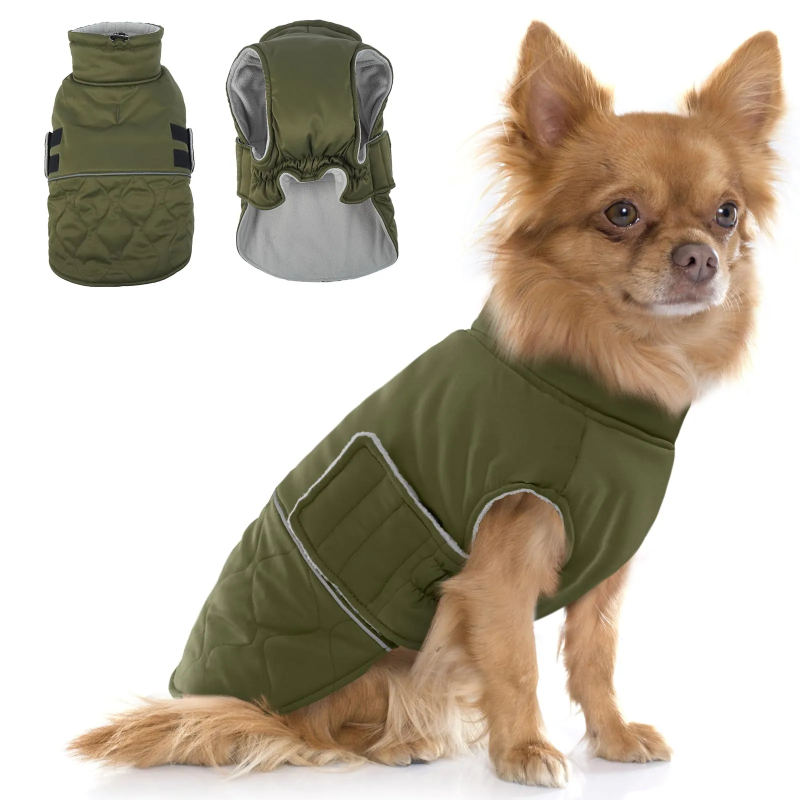 Hjumarayan Cappottino Cane Taglia Piccola - Imbottito Cappotti per Cani Invernali Giubbotto, Cappotto Pile Piumini per Cani Piccola Taglia, Verde Militare S - immagine 1